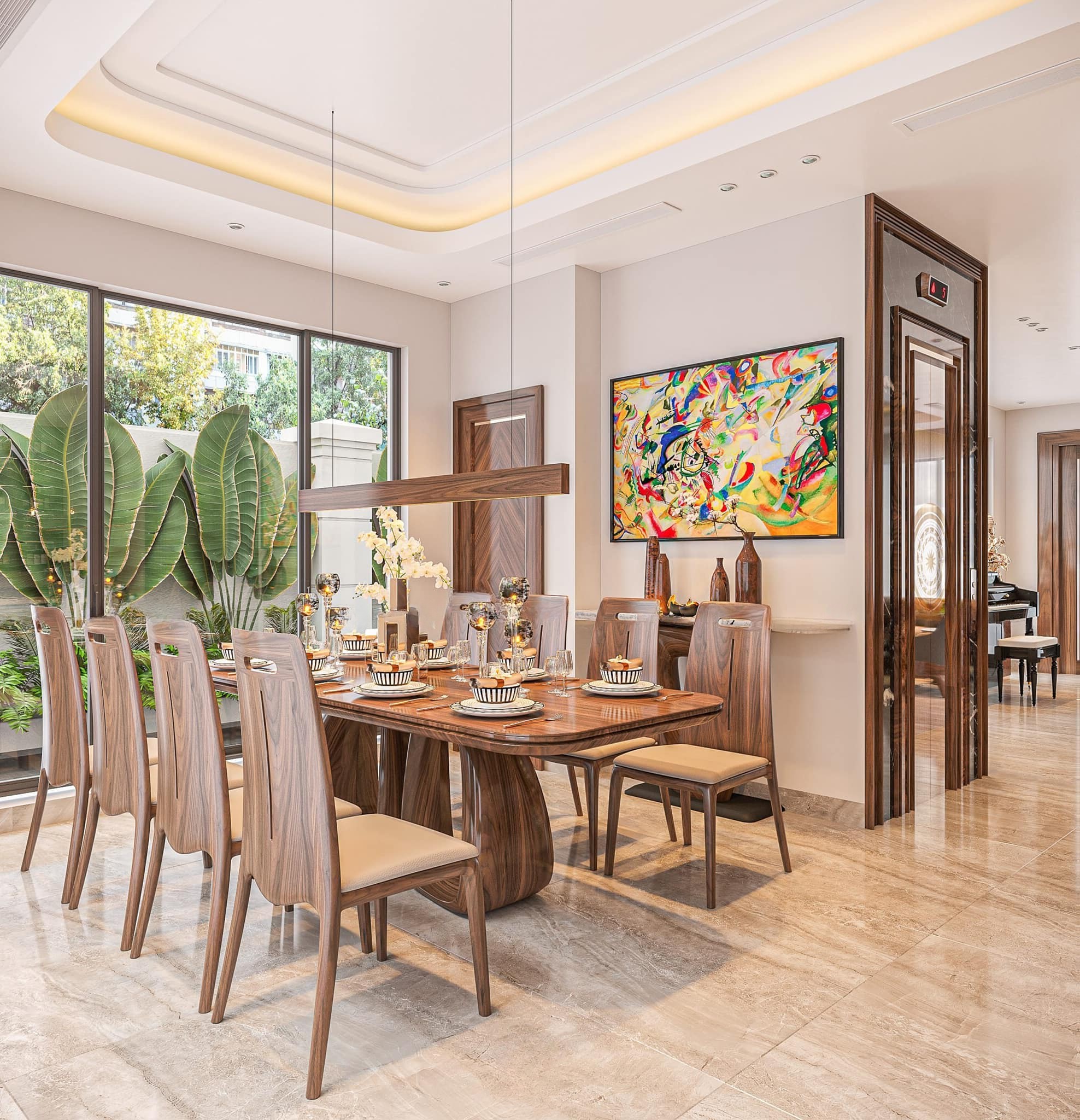 Bàn ăn 8 ghế bằng gỗ óc chó hoặc gỗ sồi với chân bàn cong và ghế tựa lưng liền khối