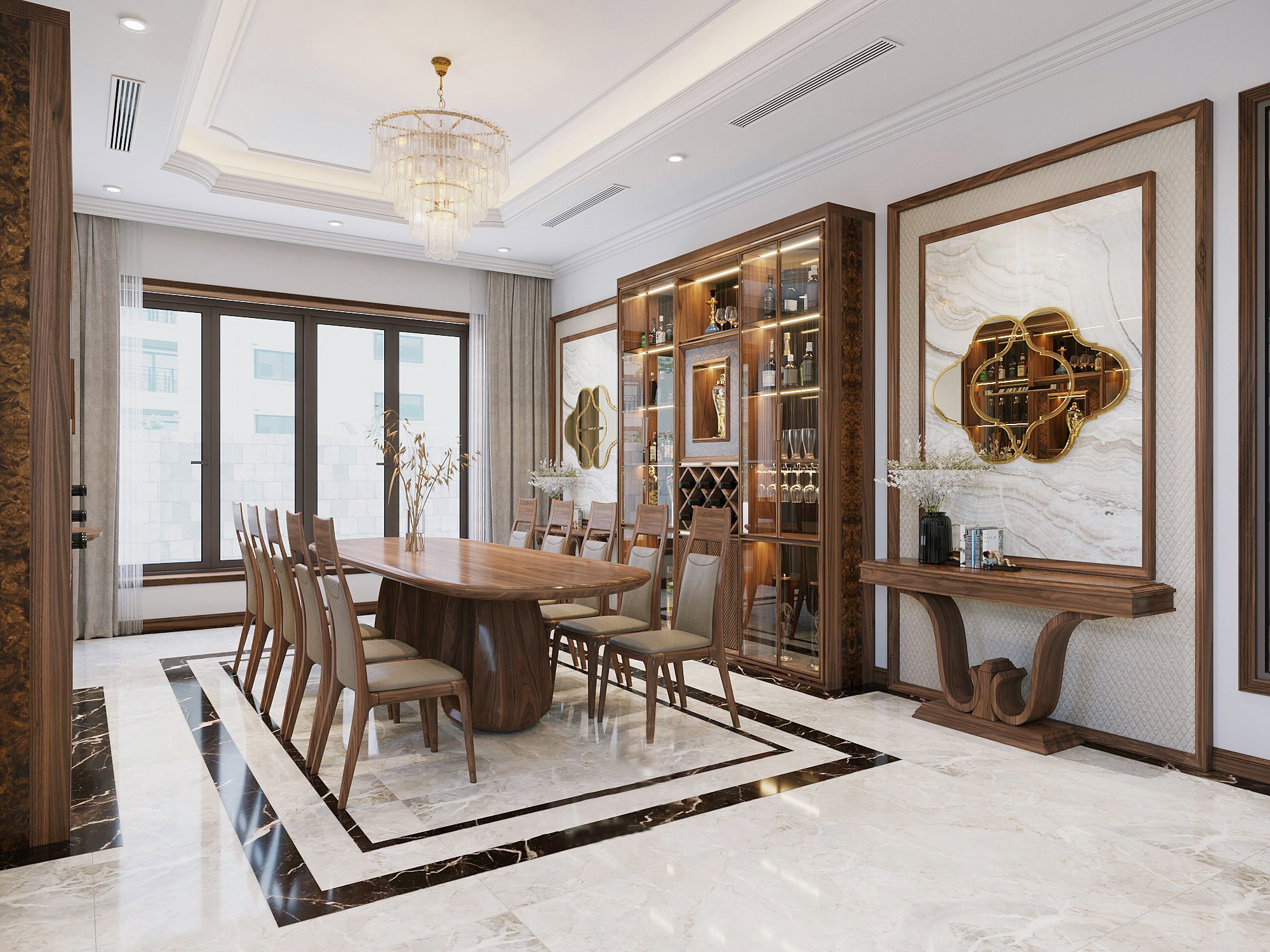 Bàn ăn đẹp hiện đại bằng gỗ óc chó hoặc gỗ sồi tự nhiên với thiết kế mặt bầu dục và chân trụ oval