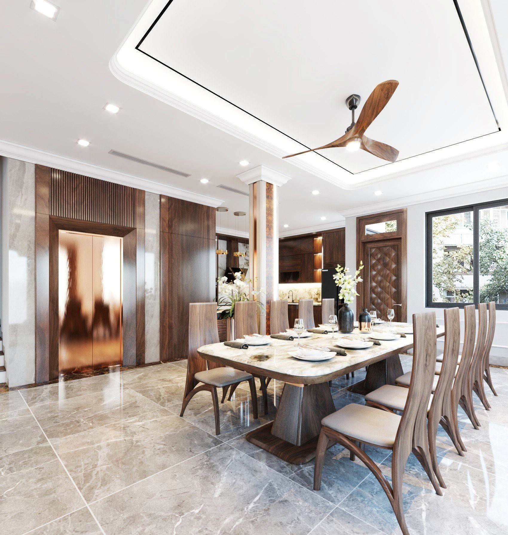 Bàn ăn mặt đá cẩm thạch trắng vân mây xanh khung gỗ óc chó