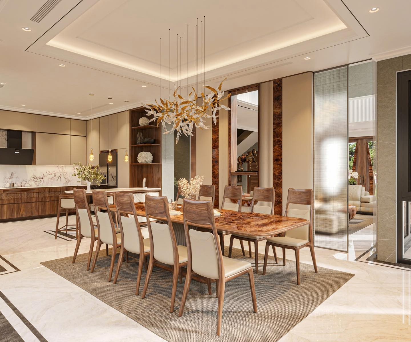 Bàn ăn 10–12 ghế veneer vân nu, dáng elip hợp phong thủy