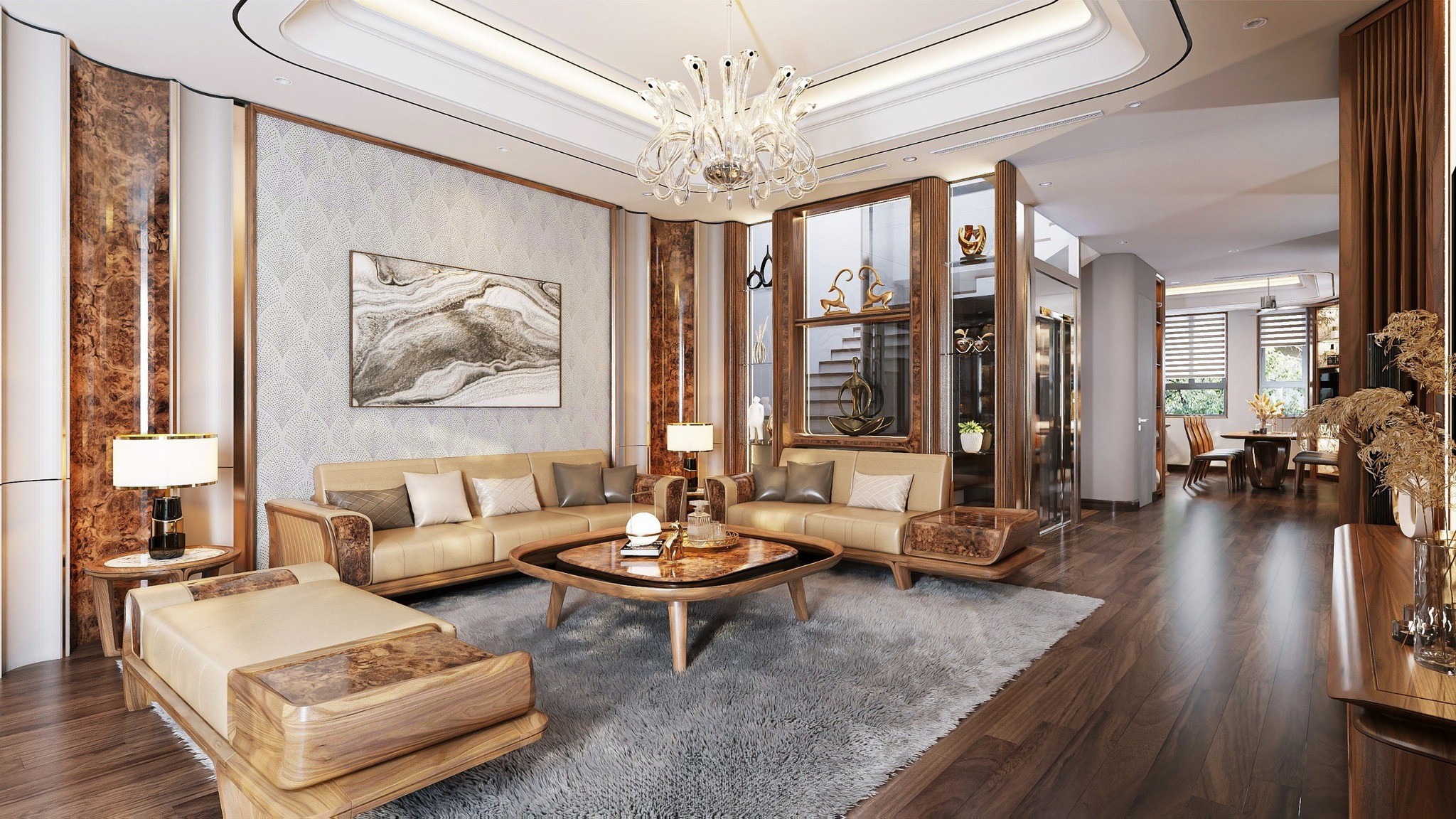 Bộ bàn ghế gỗ phòng khách đẹp hiện đại chất liệu gỗ tự nhiên màu nâu vàng