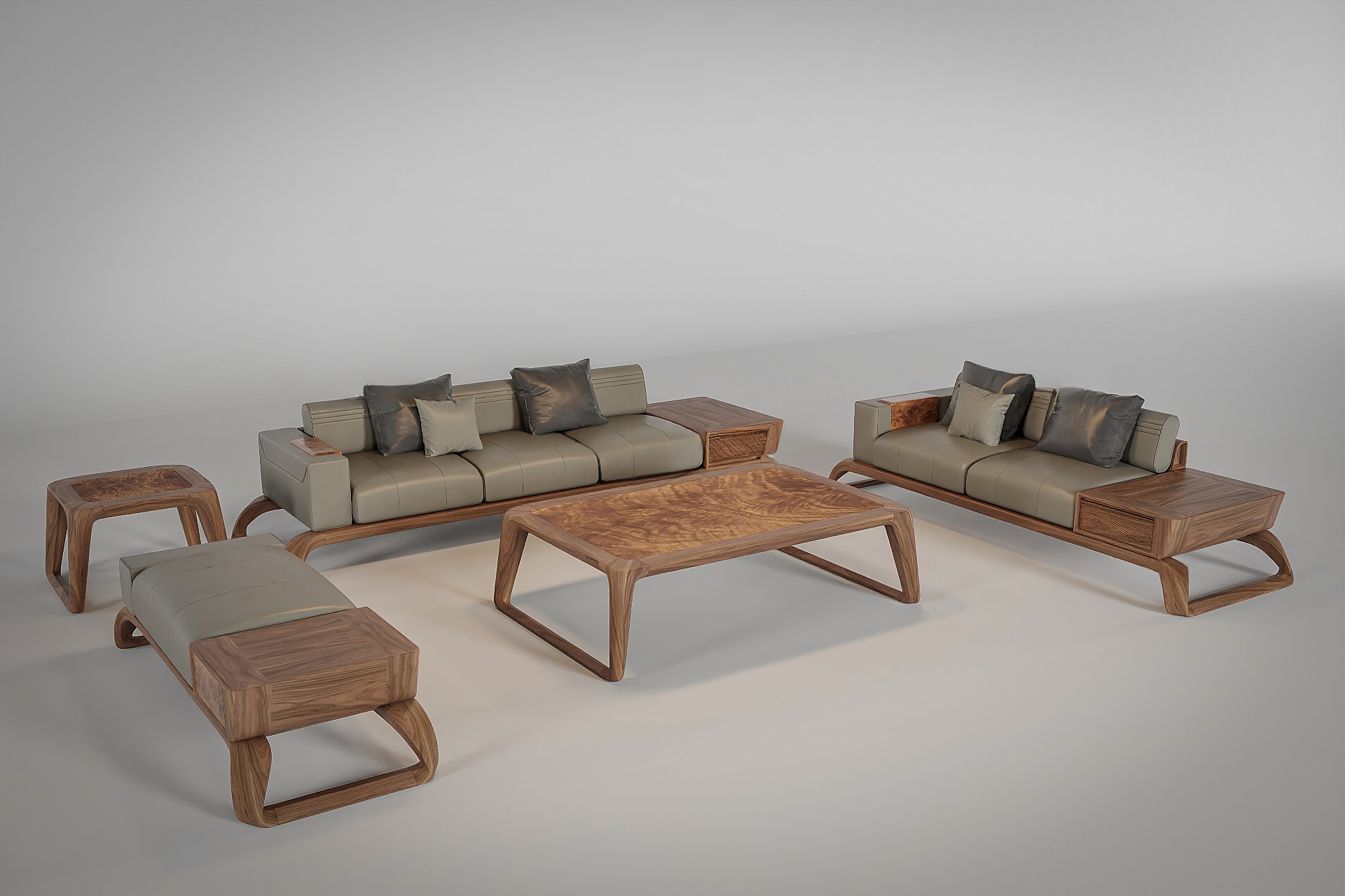 Bàn ghế gỗ phòng khách hiện đại với chân chữ U và tay vịn bọc da ốp veneer nu