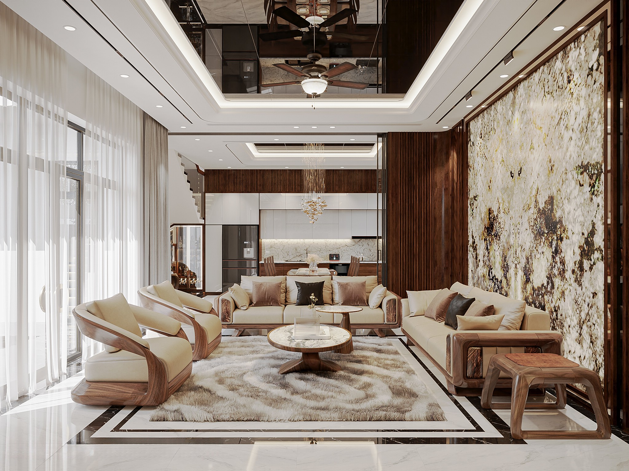 Bộ bàn ghế gỗ sofa phòng khách hiện đại với sofa gỗ tự nhiên và bàn trà mặt đá tròn