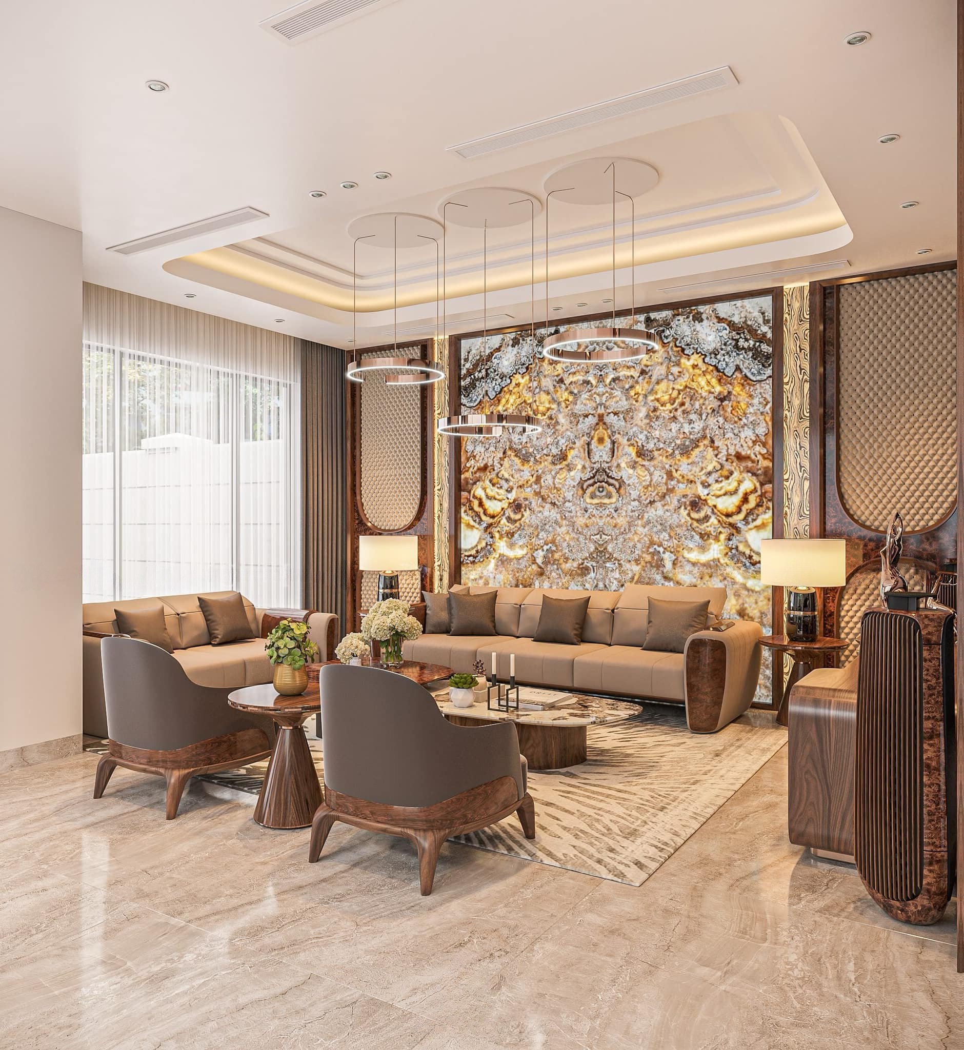 Bộ bàn ghế phòng khách đẹp với gỗ óc chó hoặc gỗ sồi kết hợp bàn trà đá cẩm thạch sang trọng