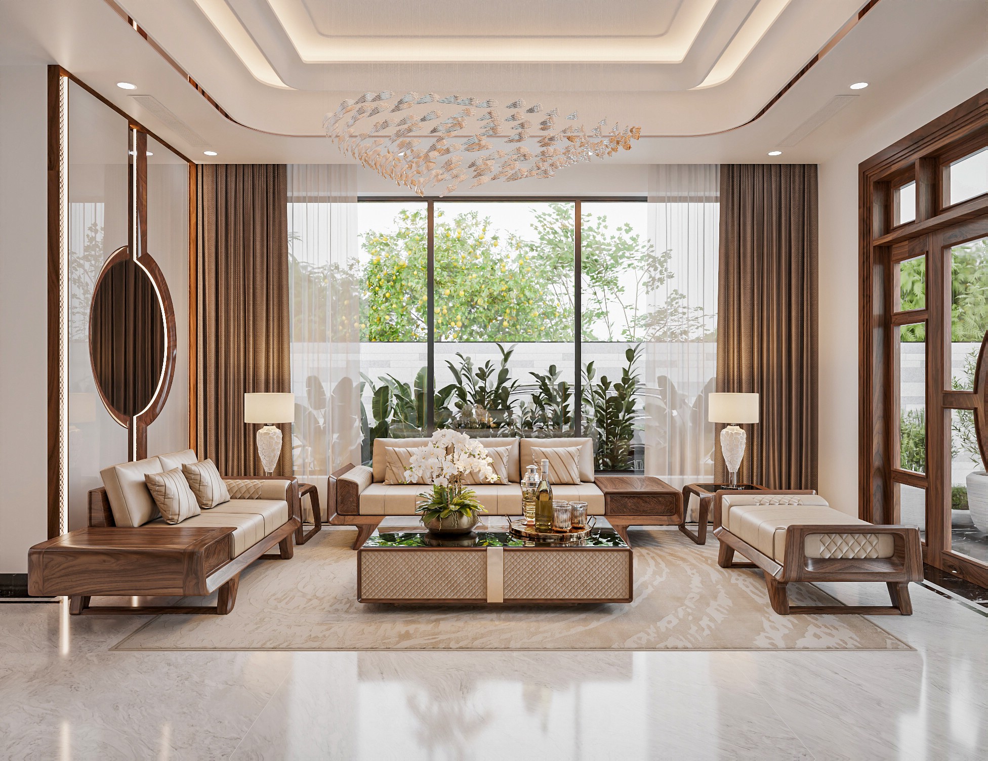 Bộ bàn ghế phòng khách hiện đại chân U thấp, đệm màu be, bàn trà ốp nỉ họa tiết quả trám
