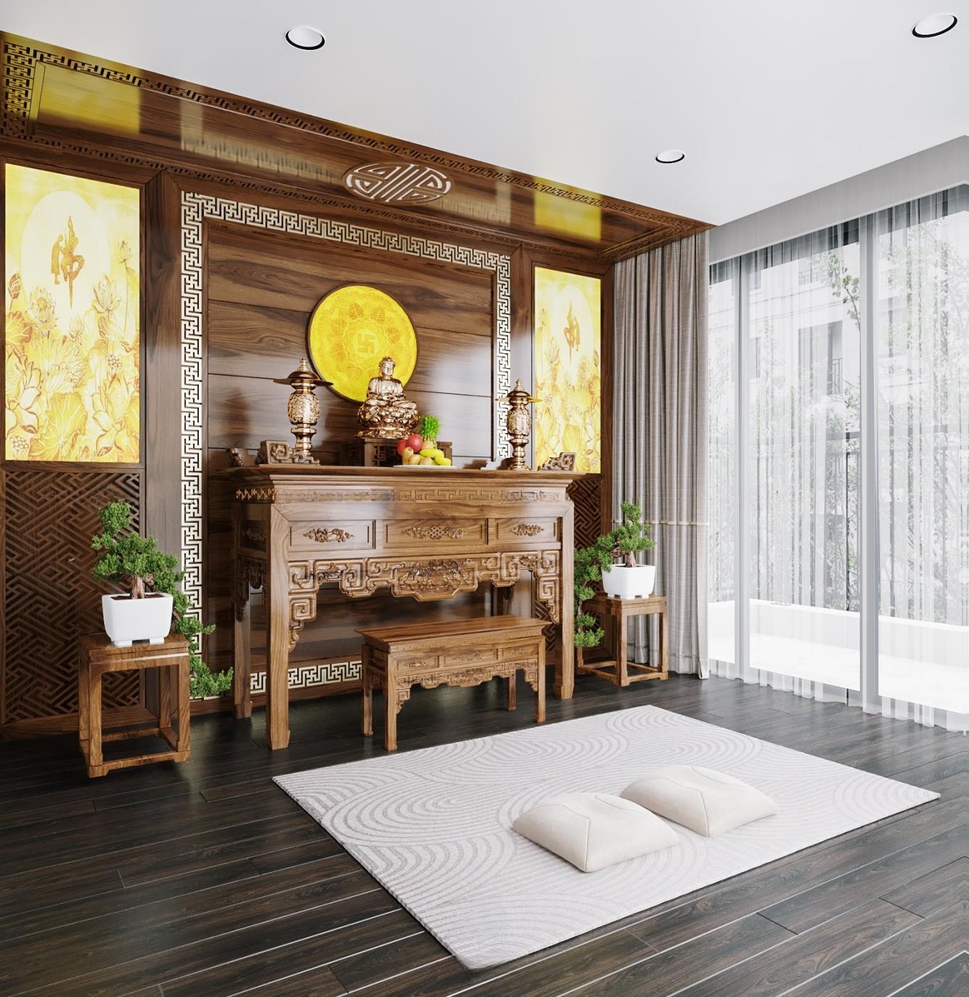 Bàn thờ gỗ óc chó cao cấp màu socola kết hợp ốp gỗ và tranh trúc chỉ