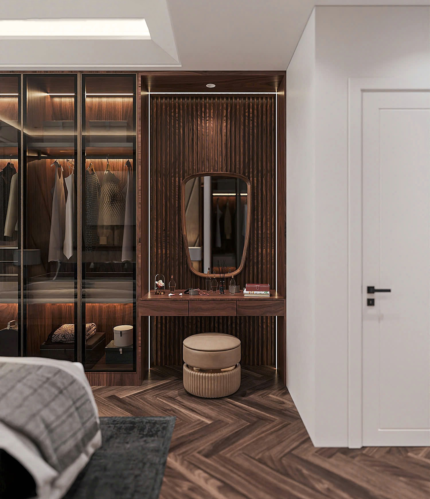 Bàn trang điểm bằng gỗ hình chữ nhật hiện đại treo vách lam sóng với gương bo tròn