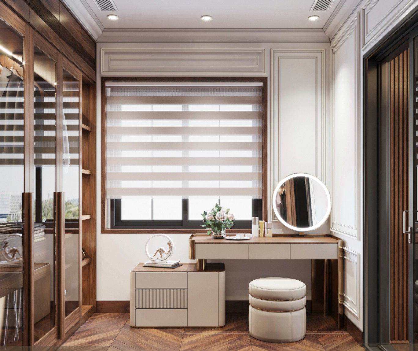 Bàn trang điểm gỗ đẹp hiện đại với chân mạ vàng và ghế nệm nỉ tròn sang trọng