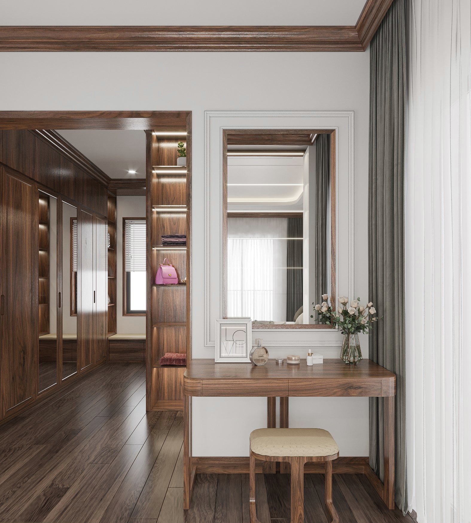 Bàn trang điểm gỗ tự nhiên hiện đại màu nâu trầm với ghế bọc đệm da và gương treo tường chữ nhật