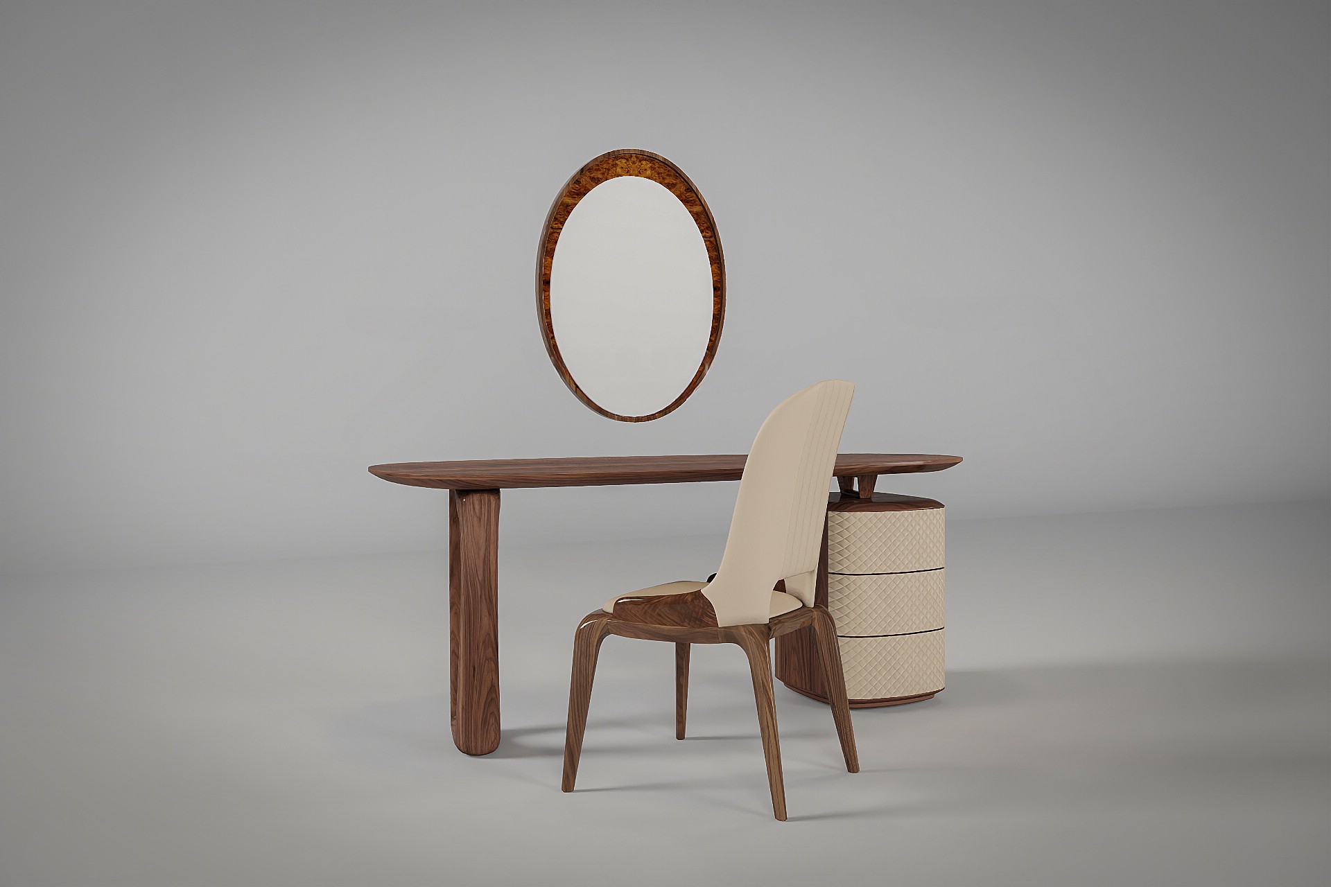 Bàn trang điểm gỗ tự nhiên nguyên khối với ngăn kéo ốp da sang trọng