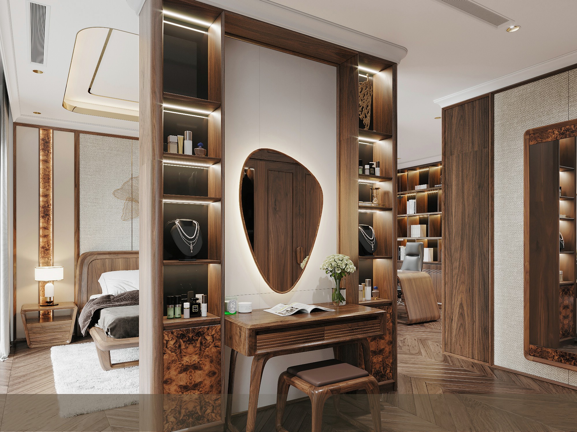 Bàn trang điểm phòng ngủ gỗ óc chó kết hợp vách ngăn và gương oval