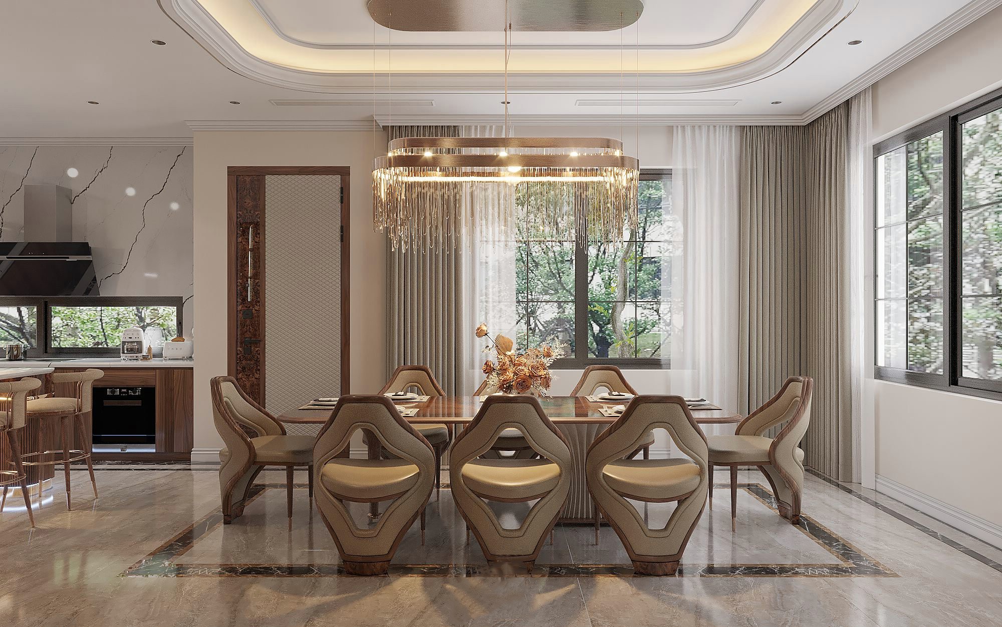 Bộ bàn ăn 8 ghế hiện đại với mặt bàn gỗ mỏng và ghế tựa hình thoi bọc da màu be kem