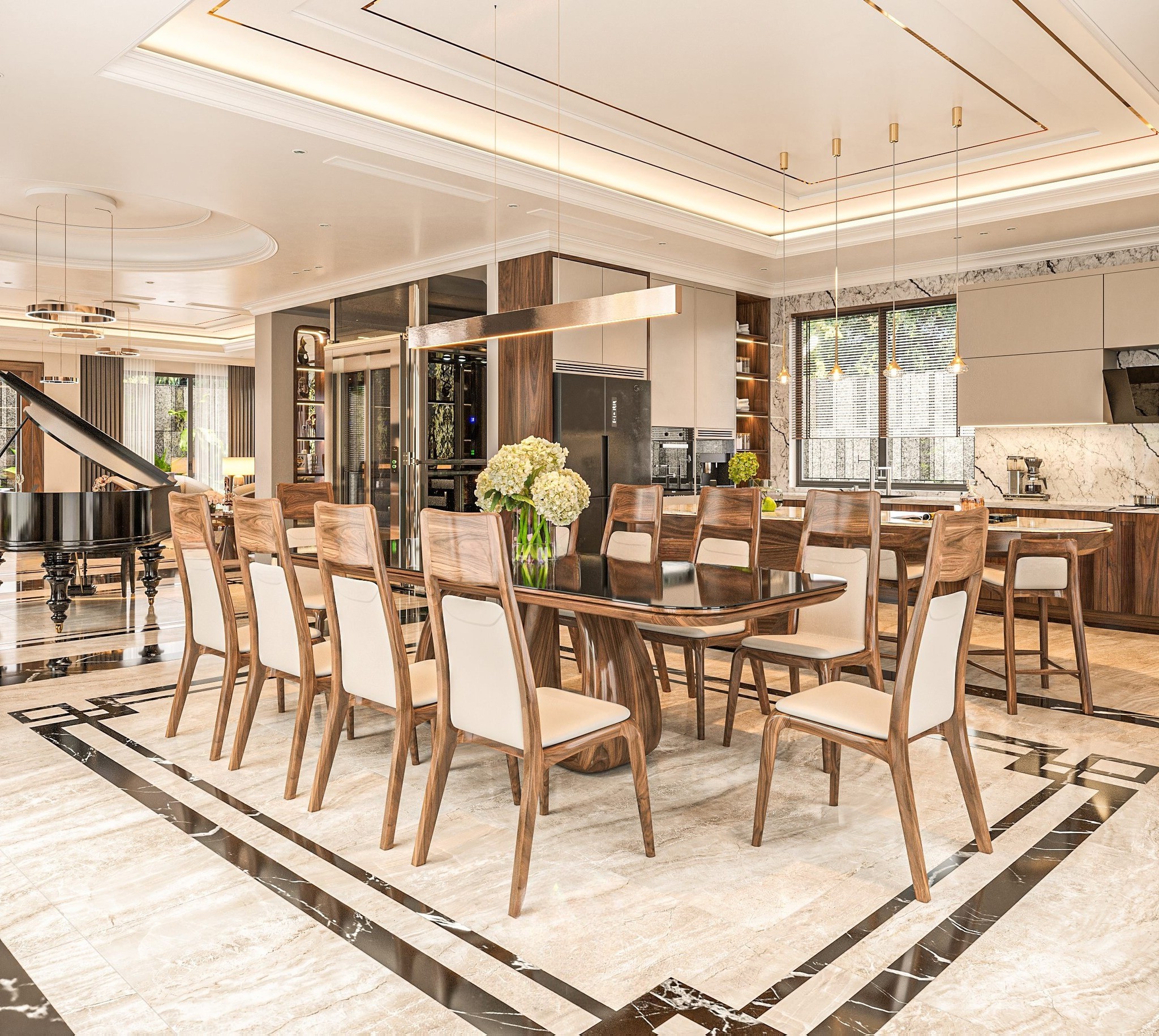 Bộ bàn ăn đẹp hiện đại 10 ghế gỗ tự nhiên mặt bàn kính bo cong