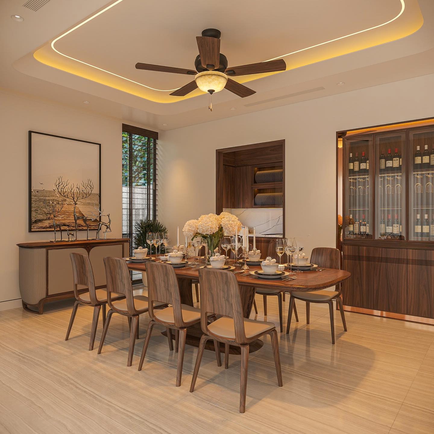 Bộ bàn ăn gỗ óc chó 8 ghế sang trọng