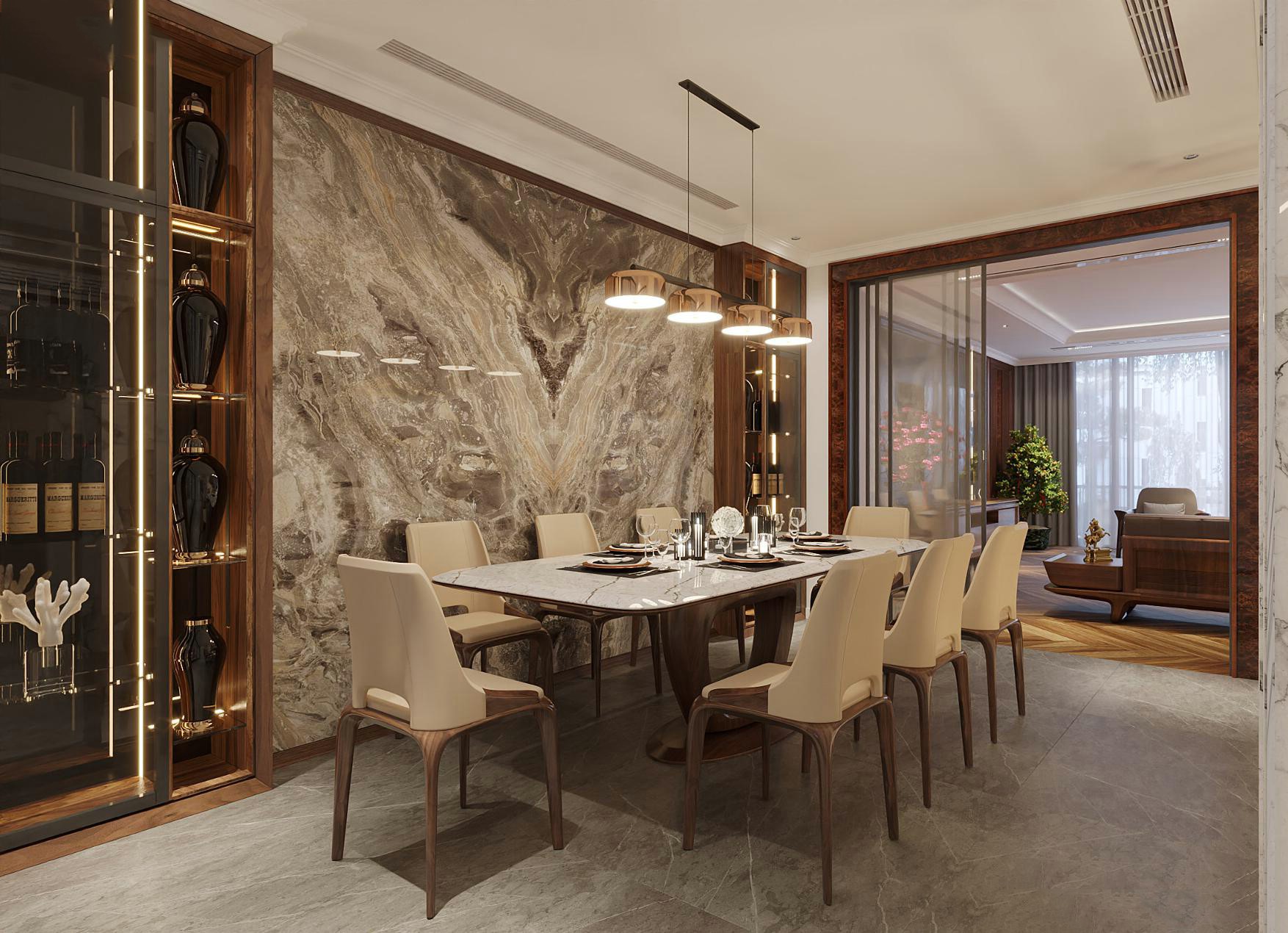 Bộ bàn ăn mặt đá marble trắng vân đen sang trọng với ghế da nâu kem hiện đại