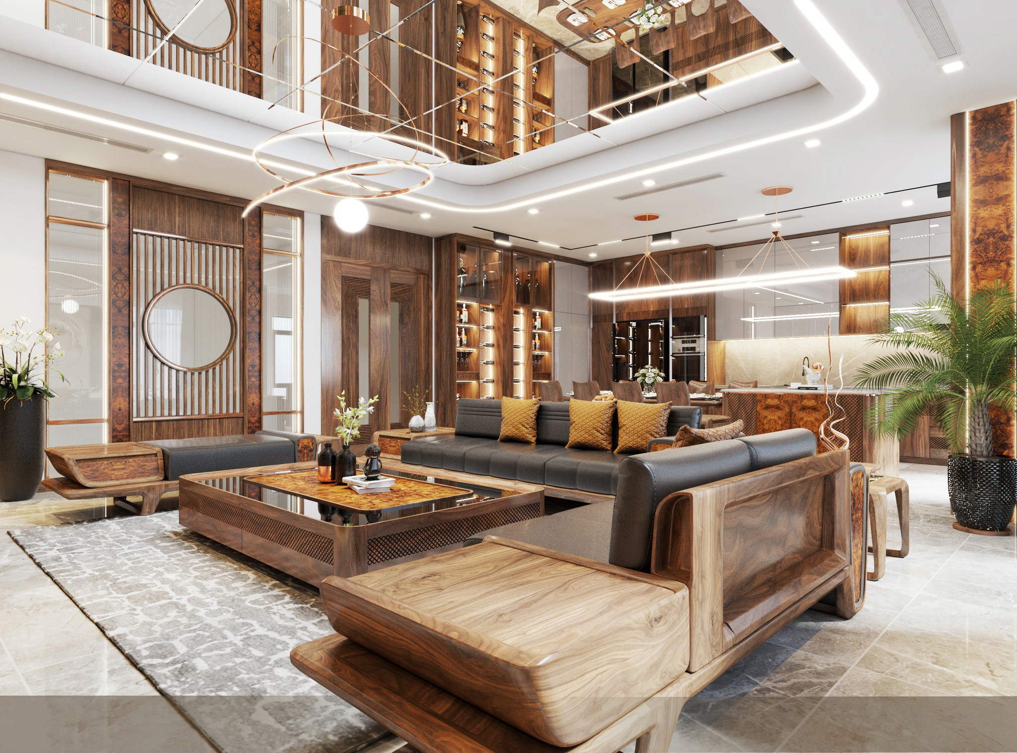 Bộ bàn ghế phòng khách đẹp bằng gỗ tự nhiên với đệm da đen và bàn trà hộp veneer nu