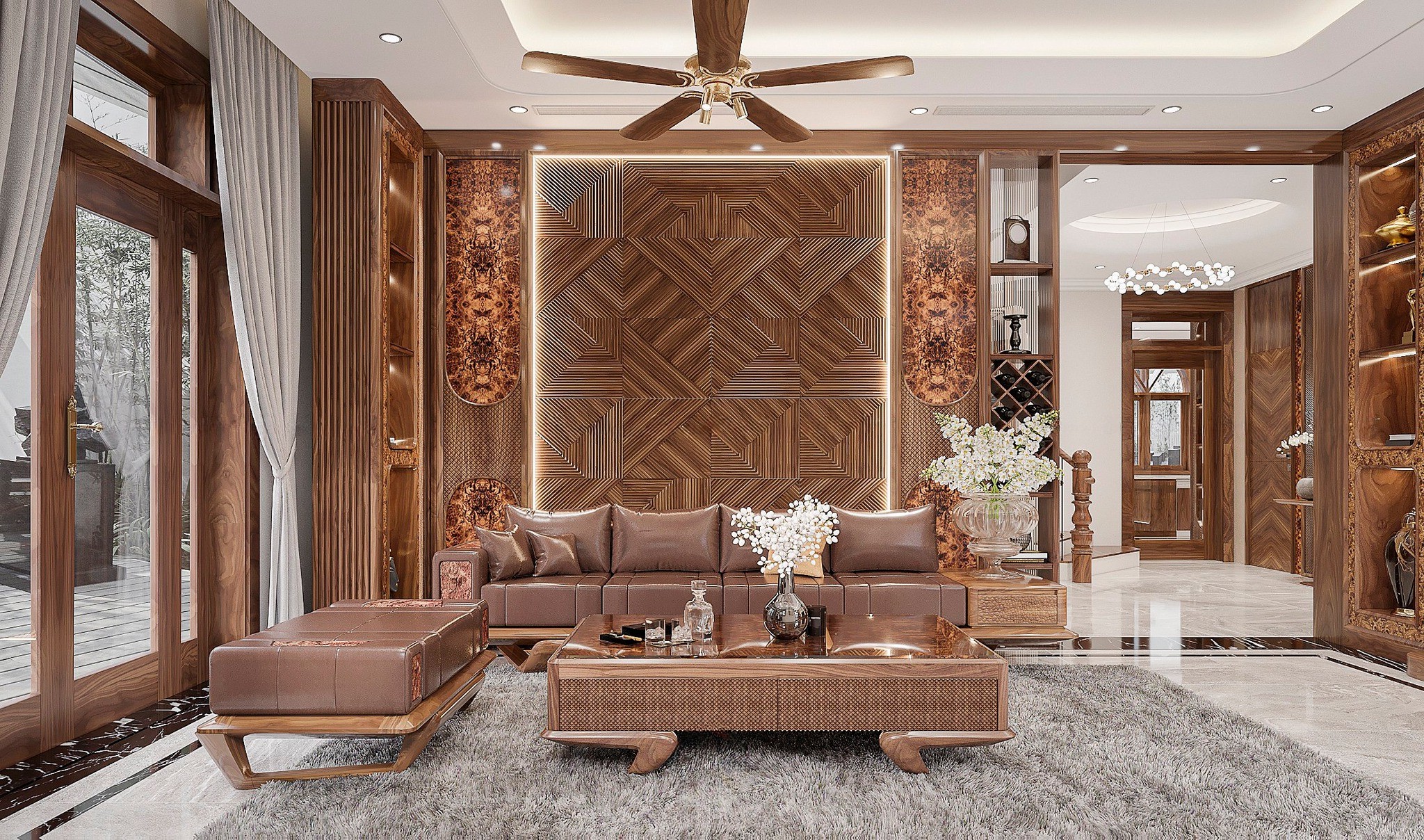 Bộ bàn ghế phòng khách nhỏ gọn chất liệu gỗ tự nhiên màu nâu vàng