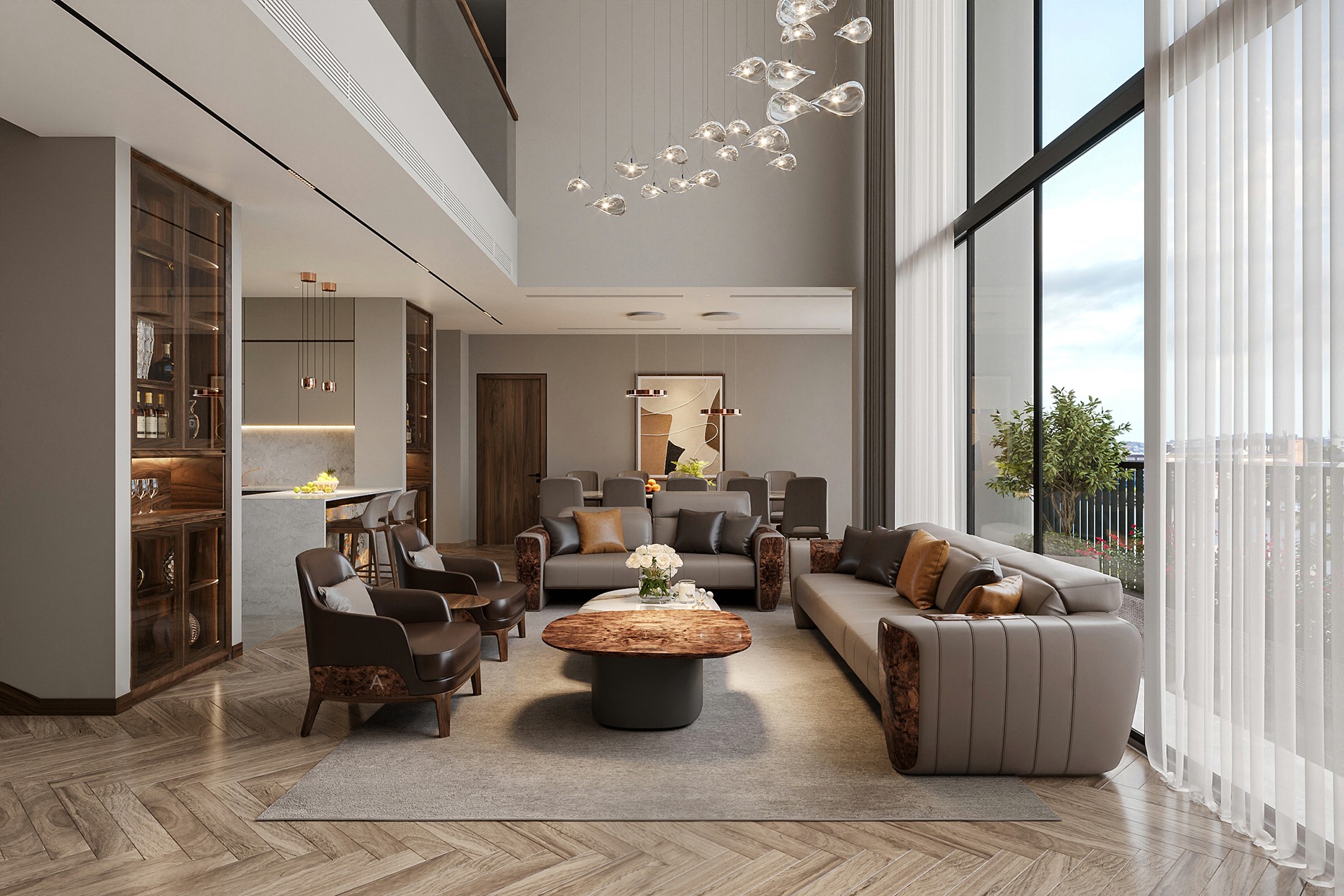 Bộ bàn ghế sofa gỗ phòng khách hiện đại với sofa văng và bàn trà 2 tầng