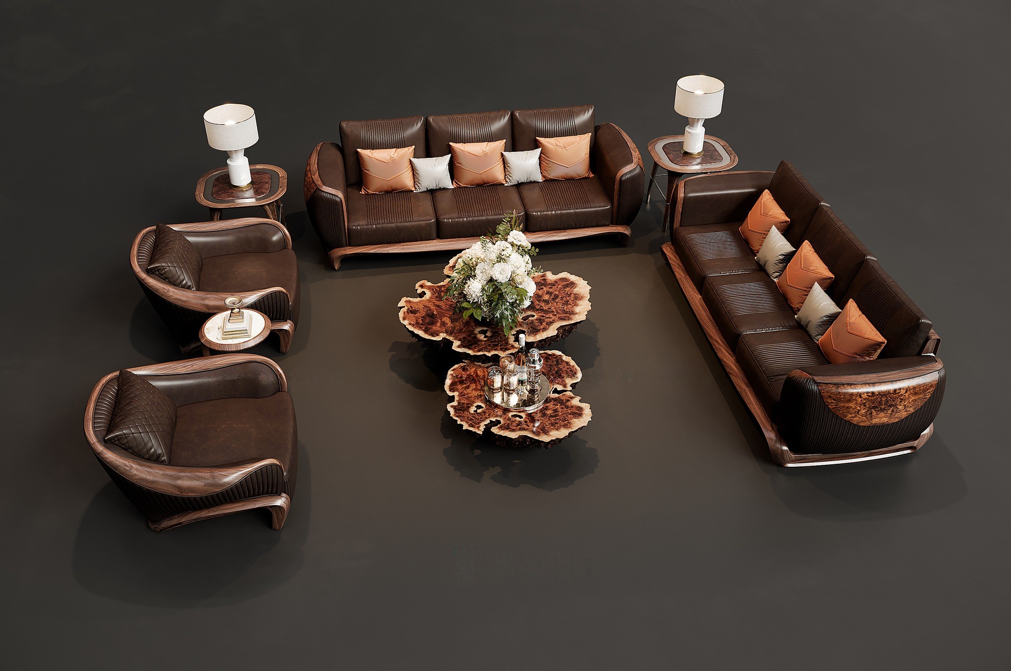 Bộ bàn ghế sofa gỗ phòng khách với bàn trà nguyên khối phủ veneer nu hiện đại