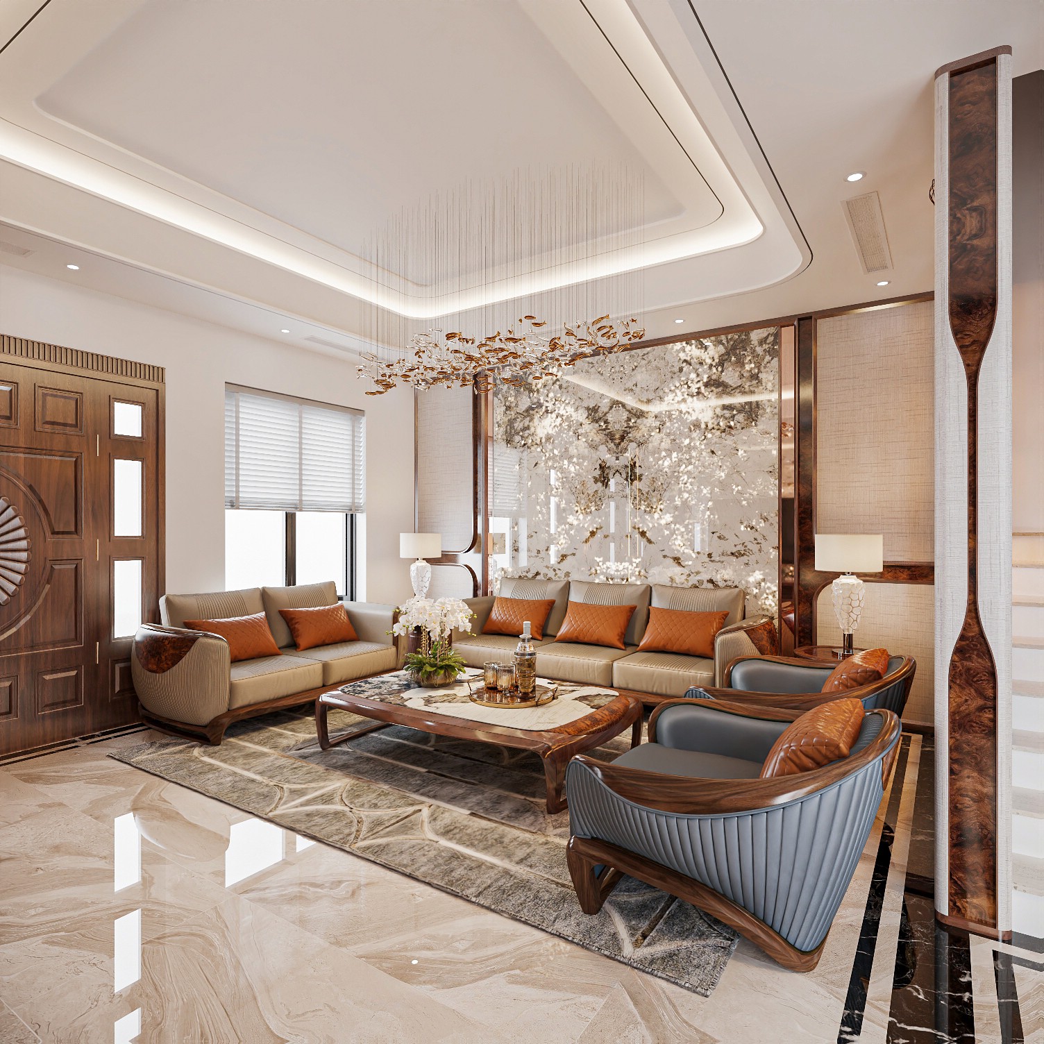 Bộ sofa gỗ óc chó hình chữ U phối da bò xanh và trắng đục hiện đại