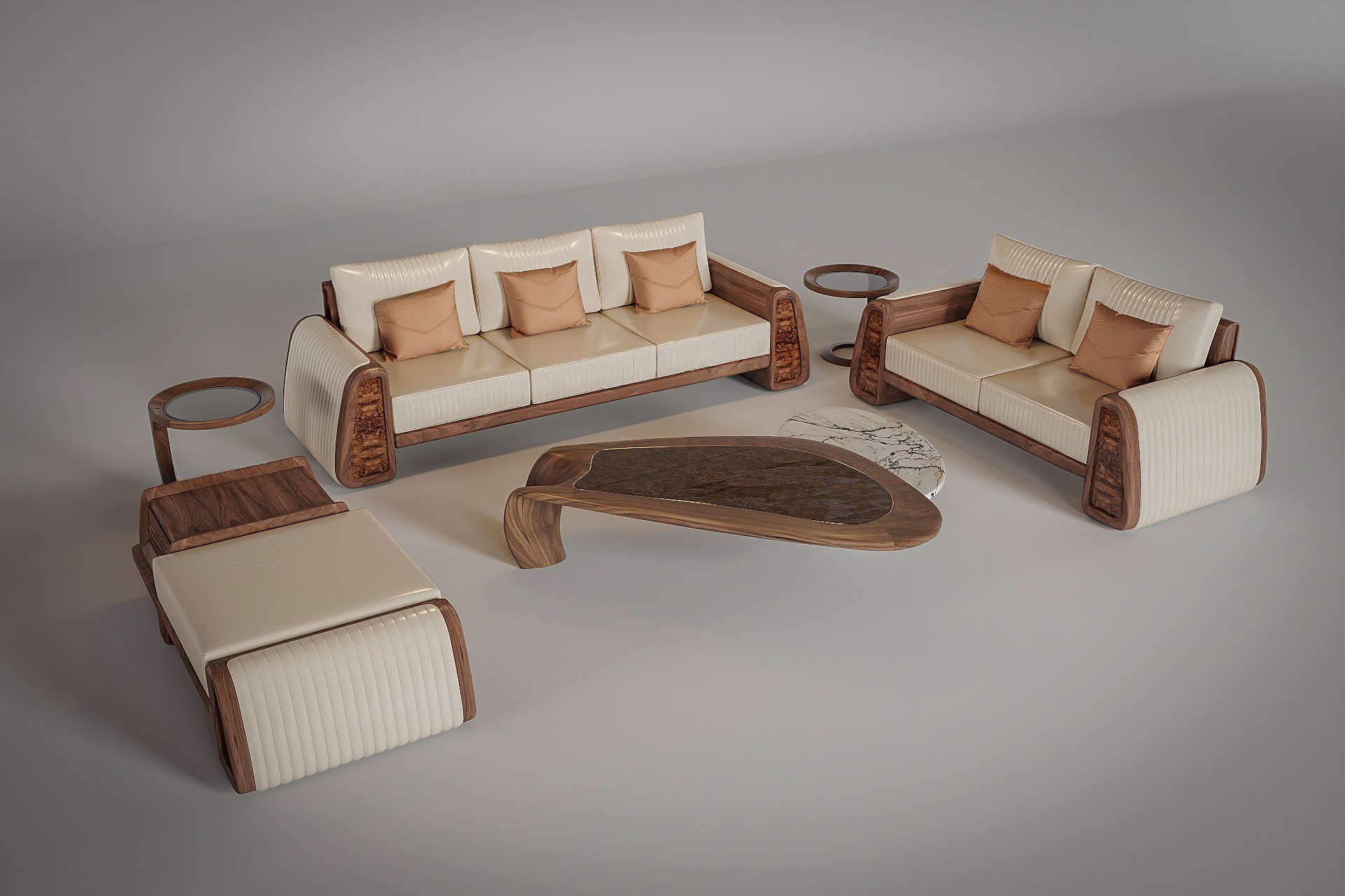 Bộ sofa gỗ phòng khách cao cấp khung gỗ tự nhiên đệm da trắng kem