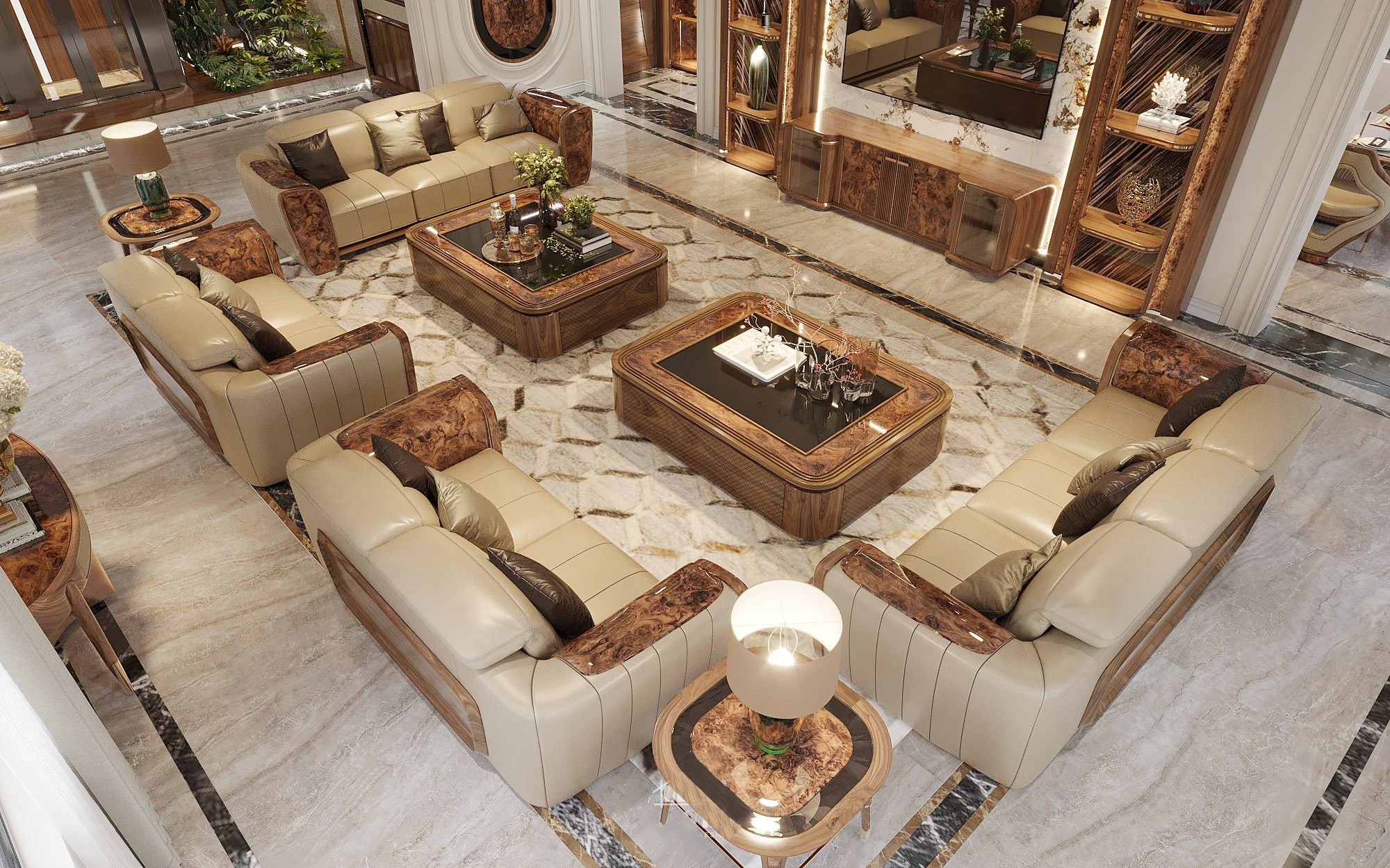 Bộ sofa gỗ cao cấp gỗ óc chó tự nhiên với bàn trà CNC sang trọng