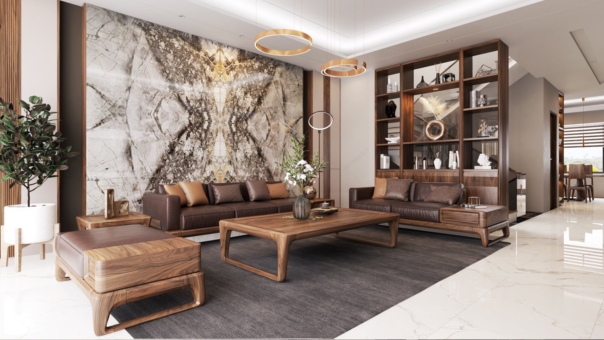 Ghế sofa gỗ đơn giản bằng gỗ tự nhiên với đệm da nâu đen hiện đại