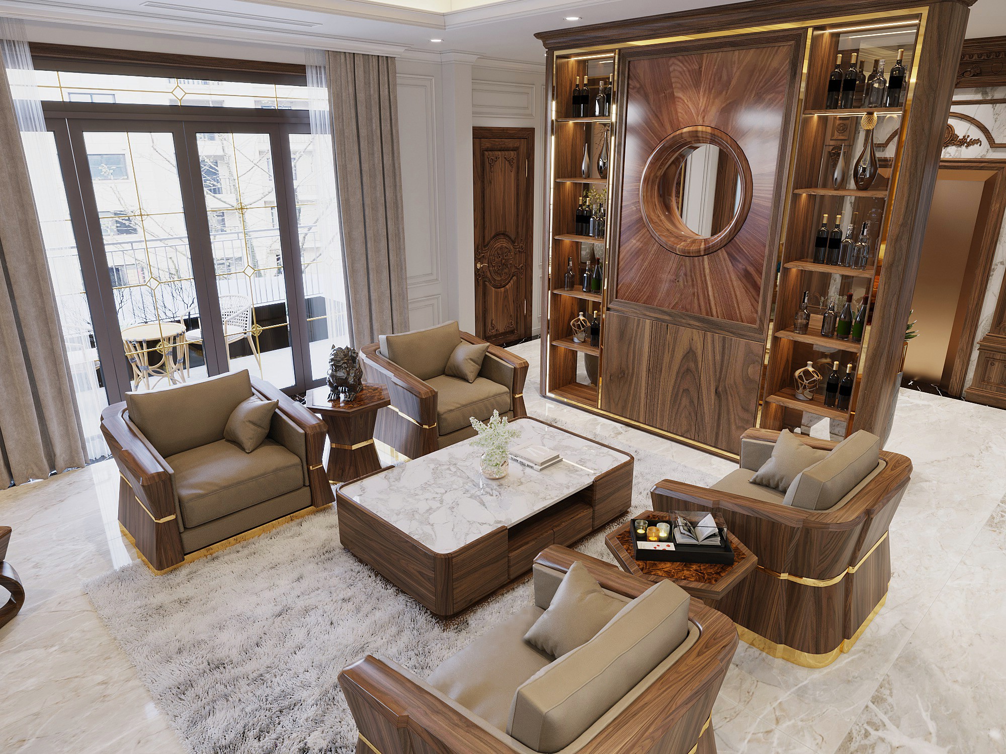 Ghế sofa gỗ óc chó cao cấp với bàn trà mặt đá