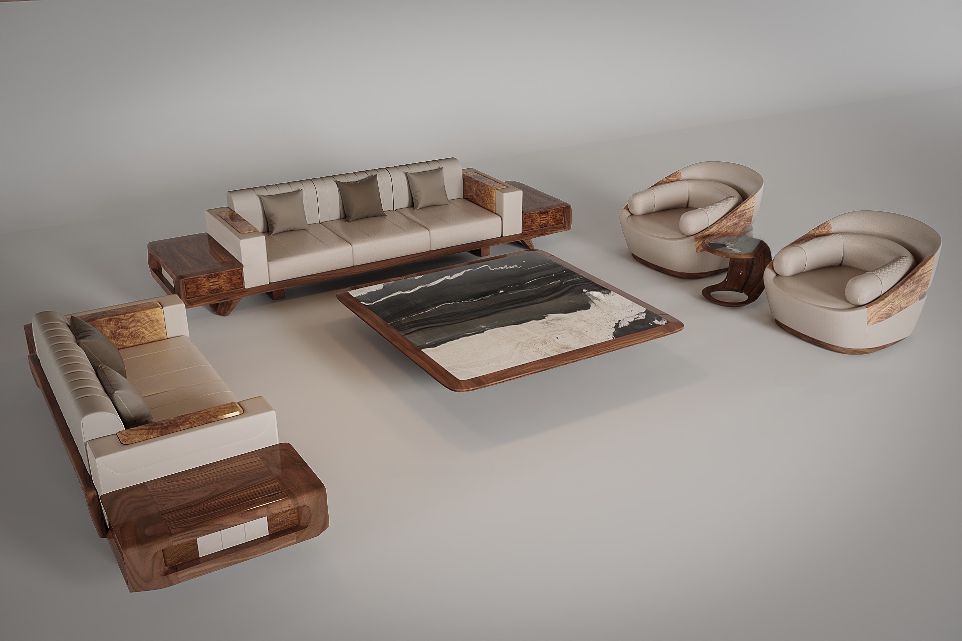 Ghế sofa gỗ phòng khách gỗ óc chó màu nâu gụ với bàn trà đá đen trắng