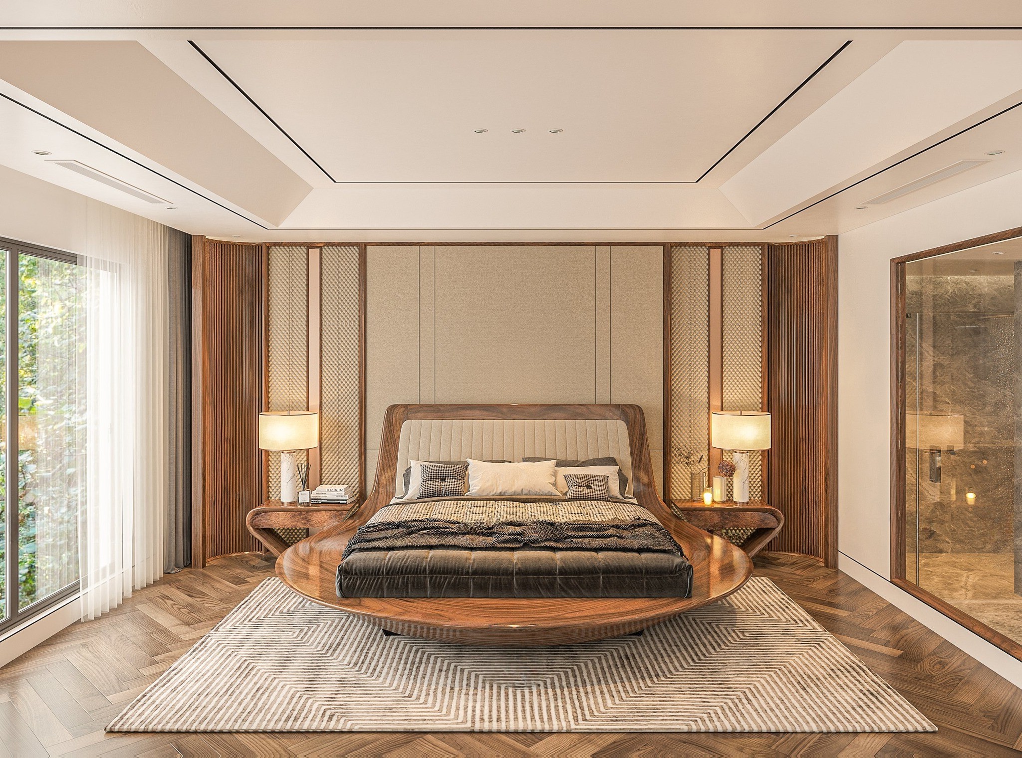 Giường gỗ hiện đại thiết kế bo cong liền khối, đầu giường bọc nỉ kẻ sọc và chân ẩn