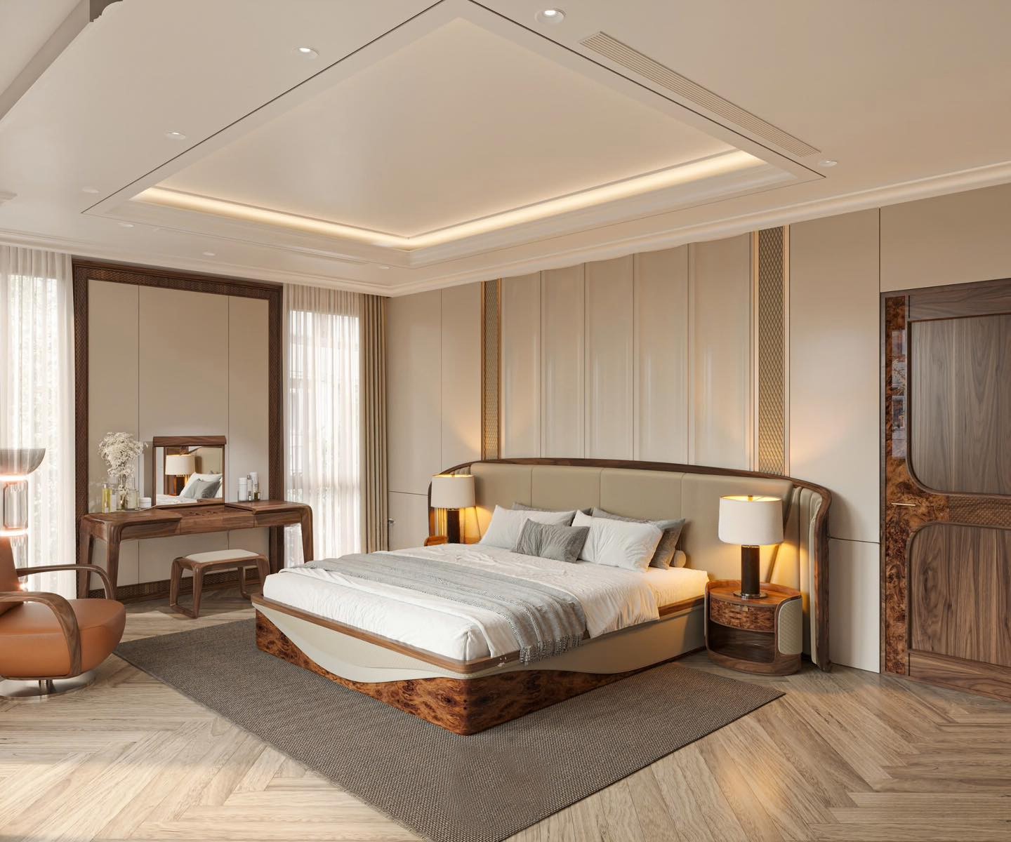 Giường gỗ Modern Luxury dáng hộp, đầu giường bọc da màu de vàng