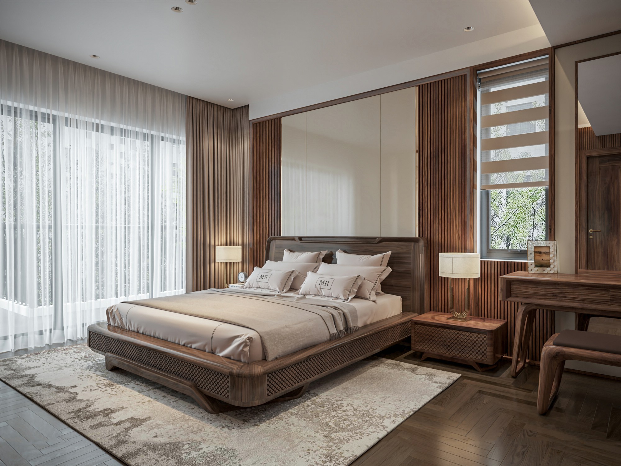 Giường ngủ cao cấp với khung gỗ CNC hình lưới và tựa đầu ghép thanh gỗ bo tròn