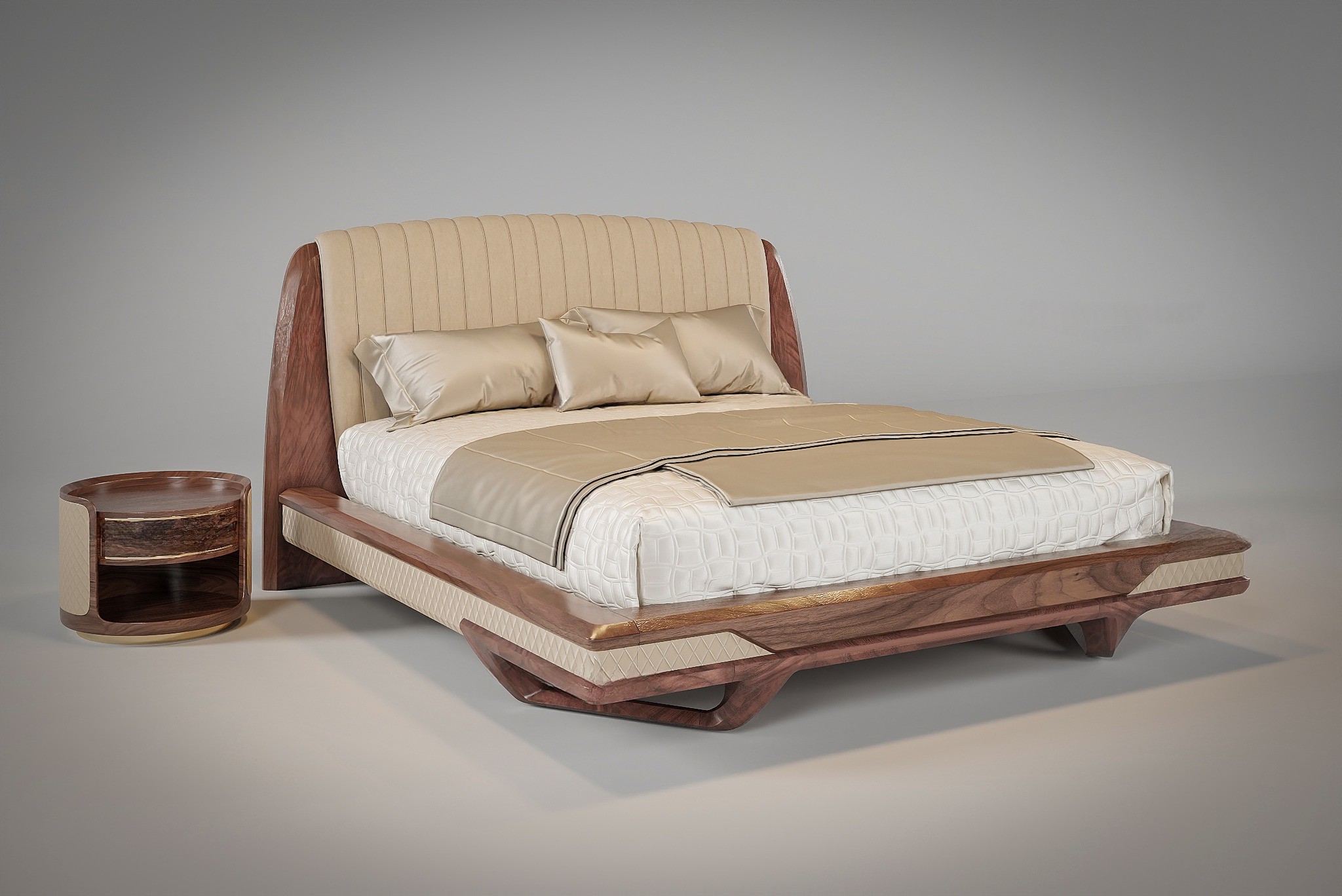 Giường ngủ đẹp hiện đại bằng gỗ tự nhiên bọc da quả trám màu trắng kem