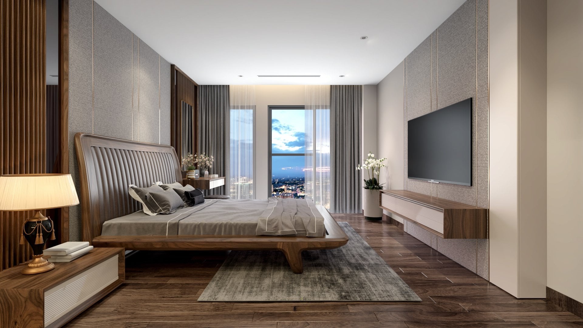 Giường ngủ gỗ tự nhiên cao cấp dáng thấp khung chữ nhật bo cong và tựa đầu giường ốp nệm da sang trọng