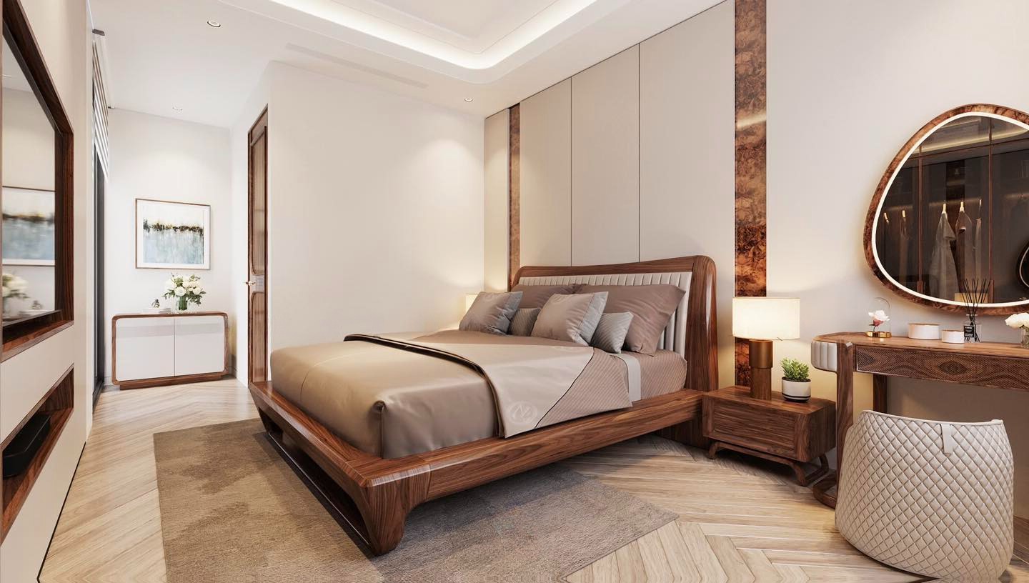 Giường ngủ gỗ tự nhiên dáng hộp chữ nhật với tựa bọc nỉ kẻ sọc trắng be