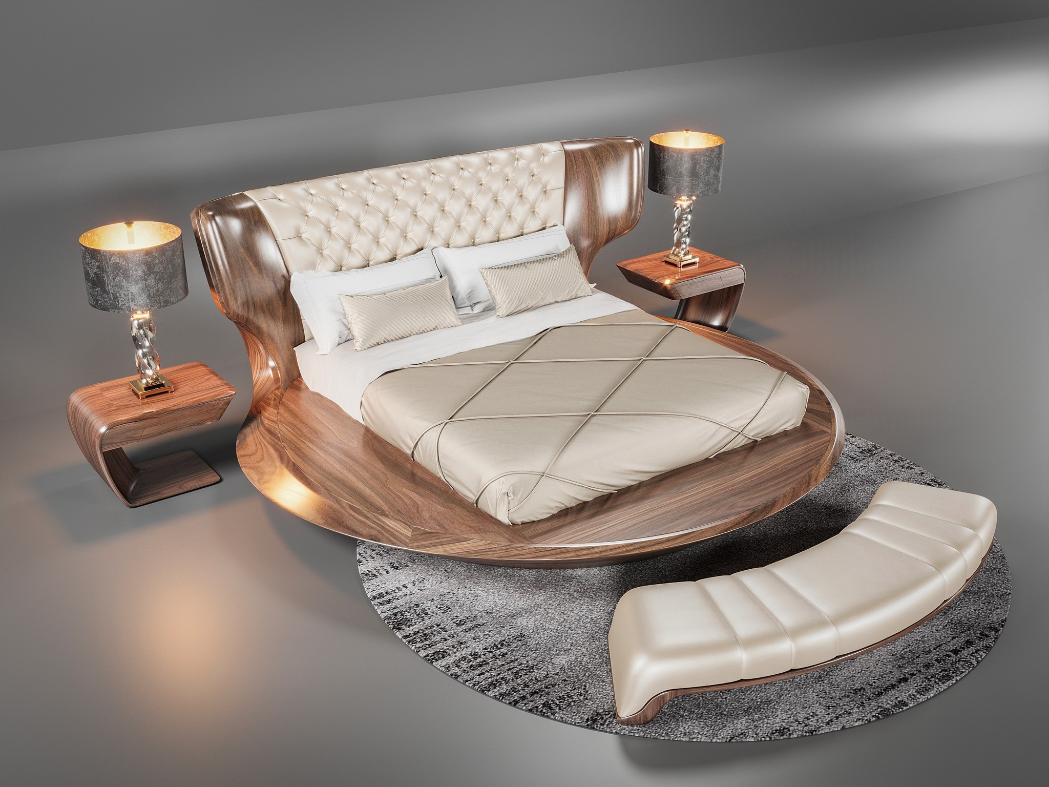 Giường ngủ hiện đại cao cấp hình tròn bằng gỗ óc chó với tựa đầu bọc da sang trọng