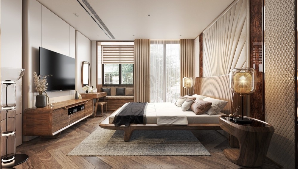 Giường ngủ hiện đại đơn giản khung gỗ tự nhiên với tựa lưng ốp da chần bông