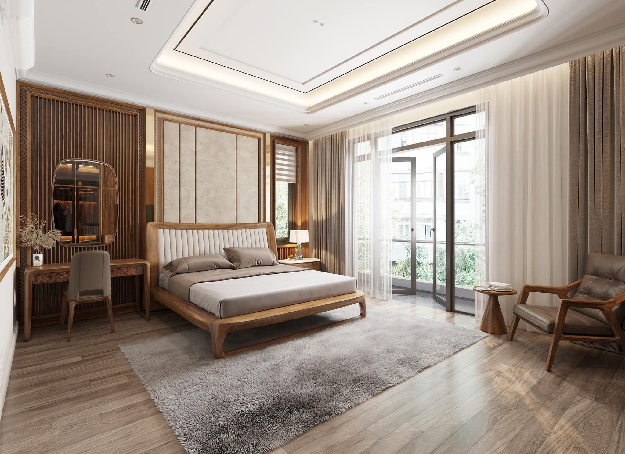 Giường ngủ sang trọng bằng gỗ óc chó với tựa đầu bọc da trắng kẻ sọc