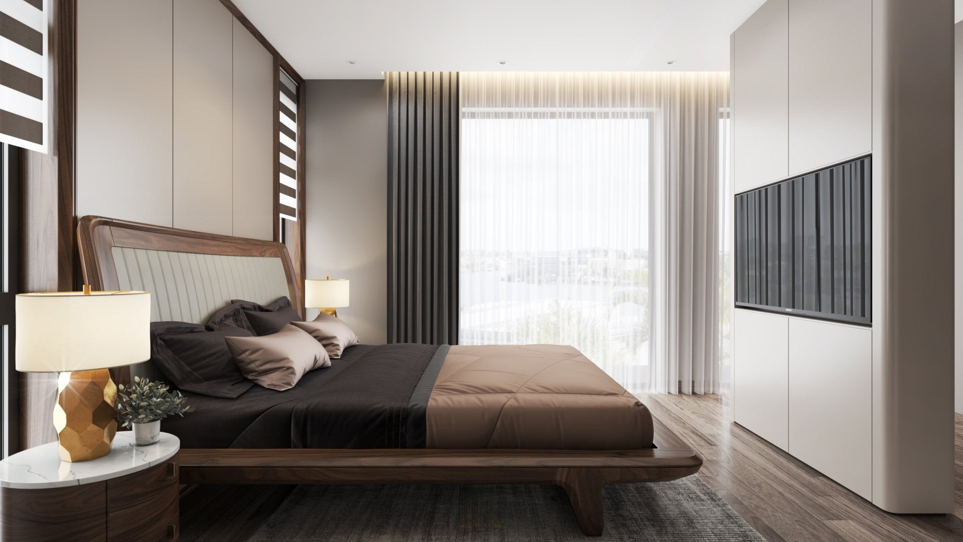 Giường ngủ thấp gỗ óc chó hoặc gỗ gụ màu nâu đen với tựa đầu ốp nệm da trắng be kẻ sọc và tab mặt đá trắng