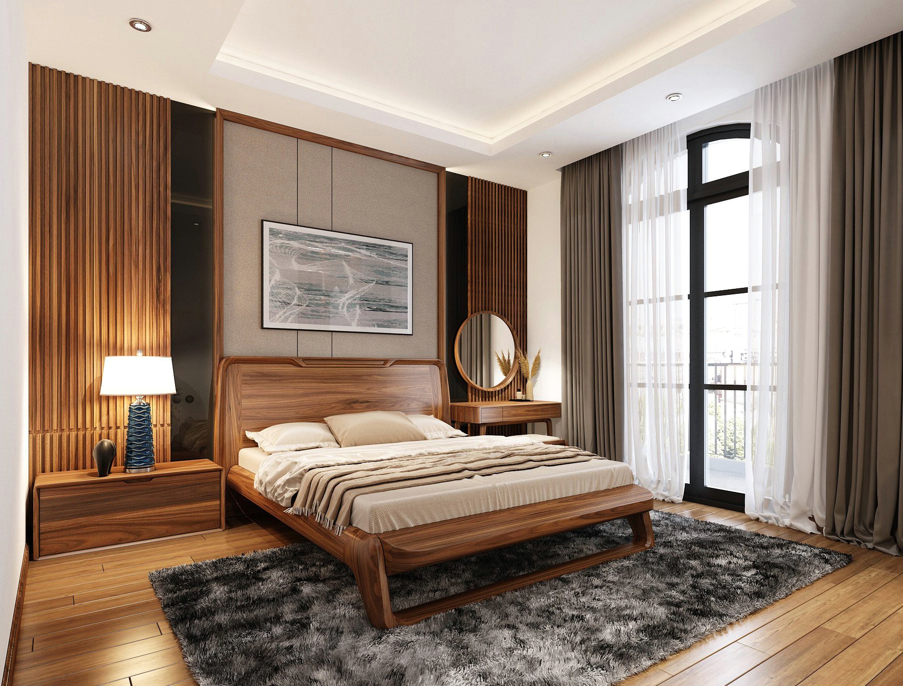 Giường ngủ gỗ tự nhiên hiện đại với khung bản to và đầu giường bo cong