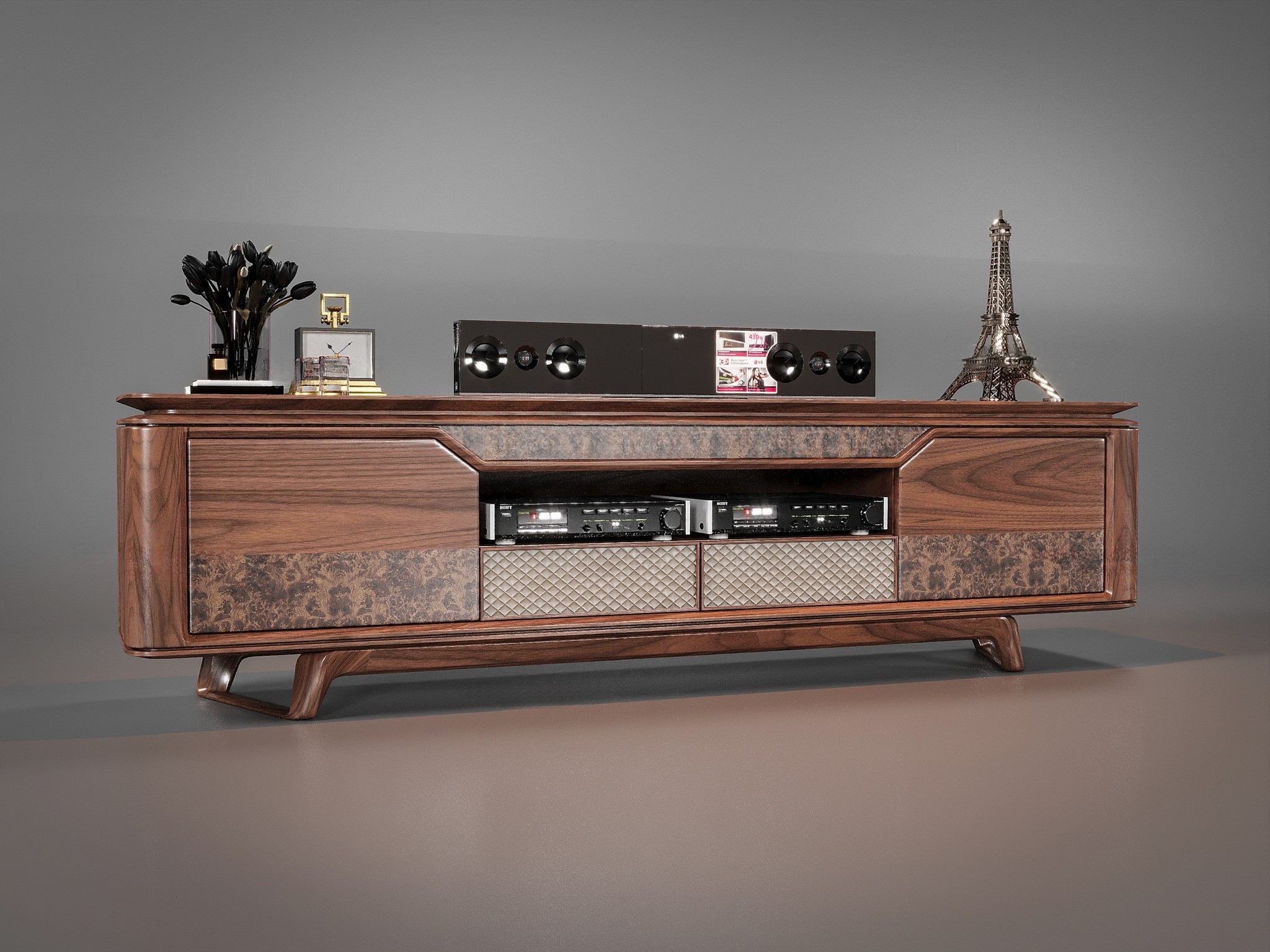 Kệ tivi đẹp hiện đại bằng gỗ tự nhiên nâu trầm với ngăn kéo CNC quả trám