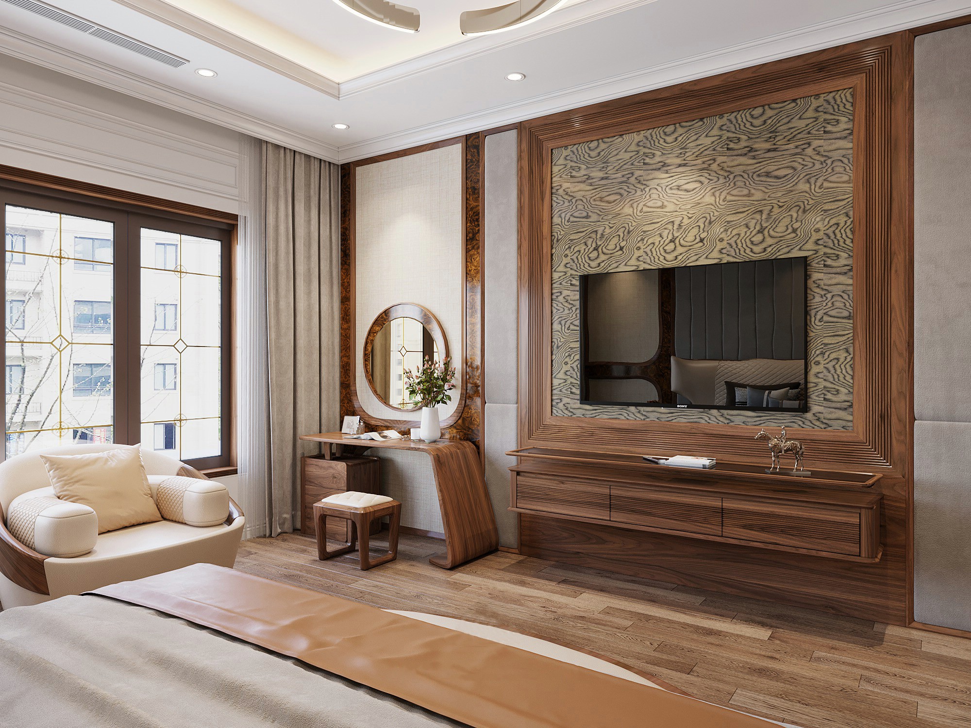 Kệ tivi gỗ đơn giản hiện đại treo tường với mặt cánh CNC kẻ ngang và vách ốp lam sóng