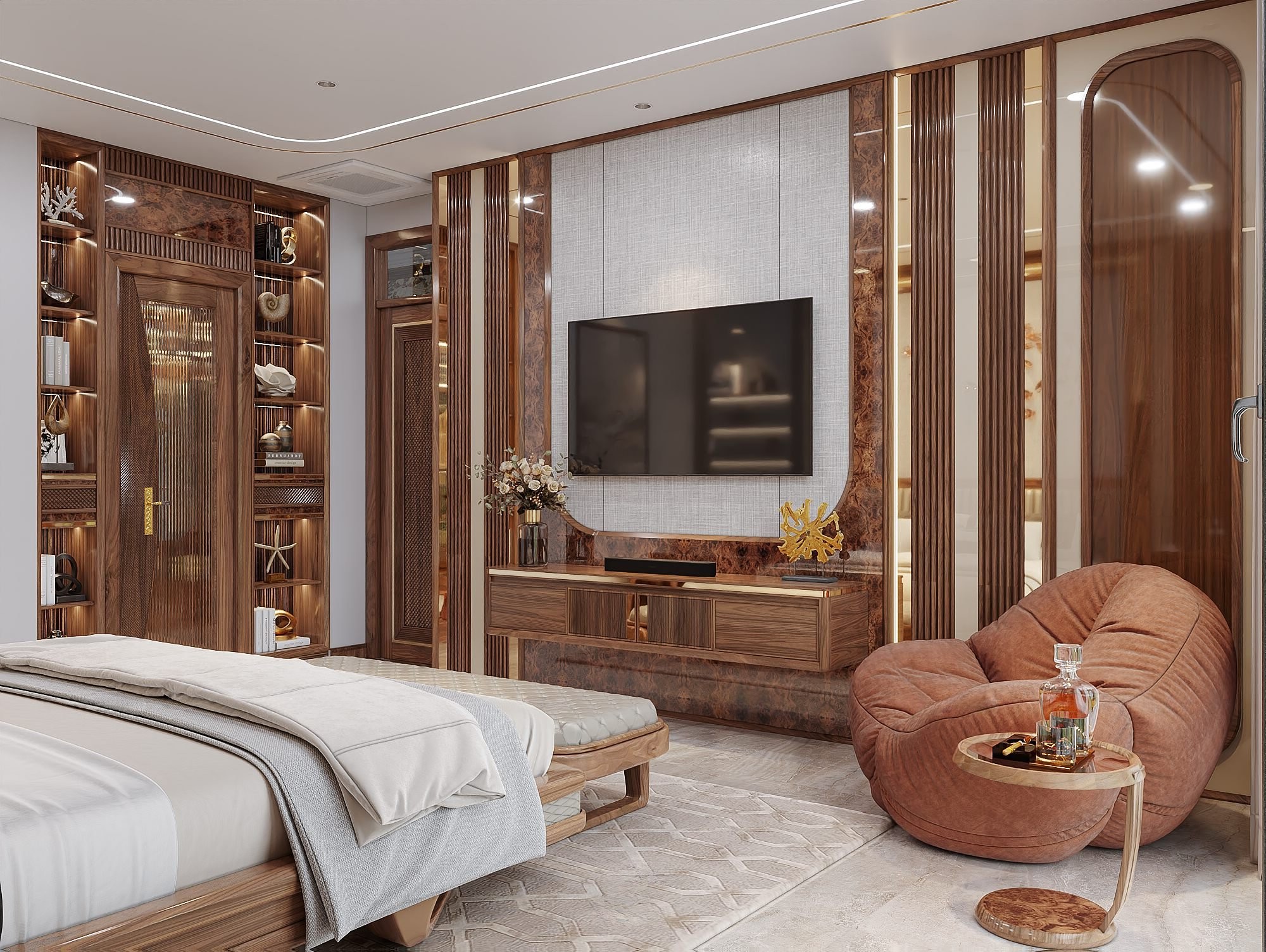 Kệ tivi gỗ treo tường phòng ngủ, viền mạ vàng, cánh tủ CNC kẻ sọc