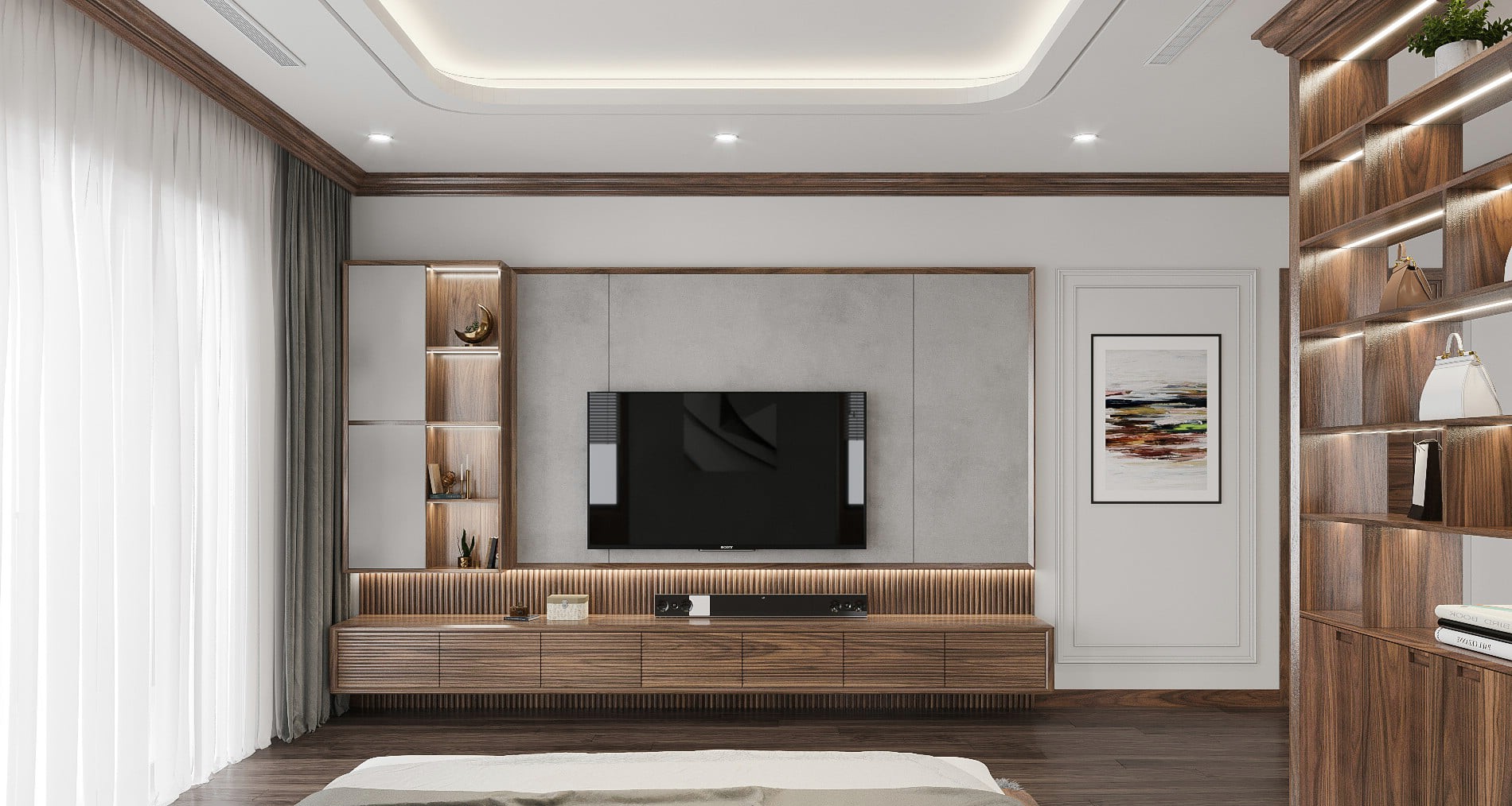 Kệ tivi hiện đại đẹp bằng gỗ óc chó treo tường 7 ngăn kéo họa tiết kẻ sọc ngang