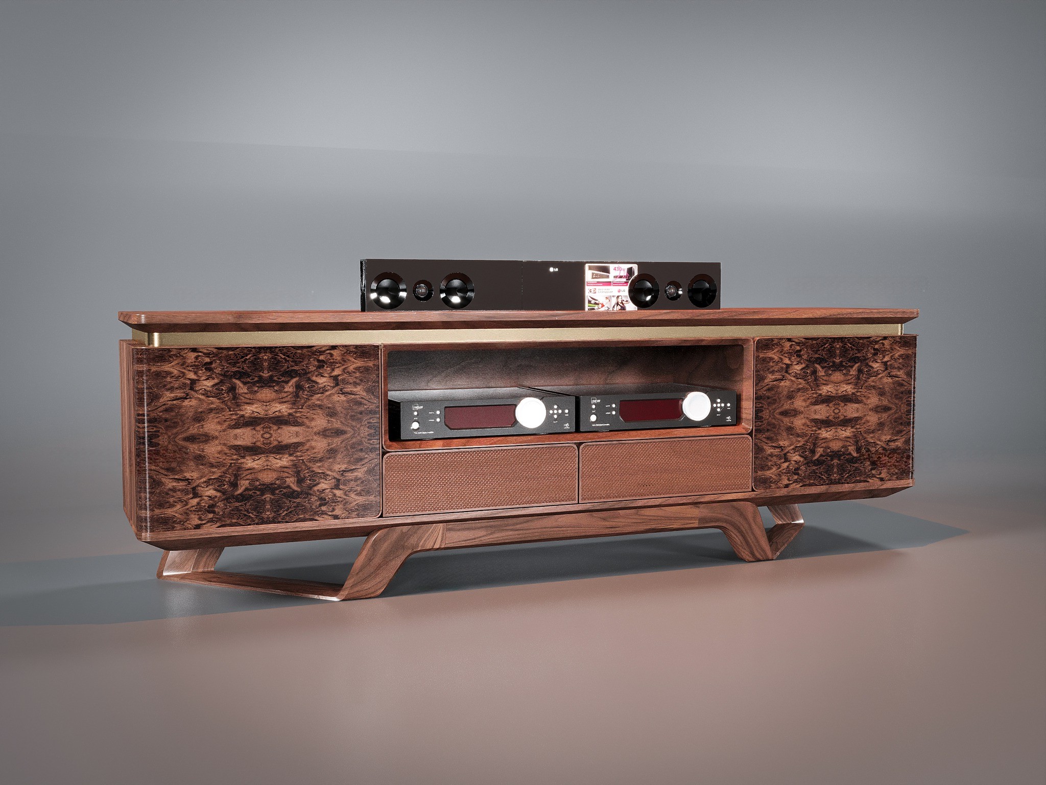 Kệ tivi hiện đại Mid-Century, chân chữ V, cánh veneer nu và viền ánh kim