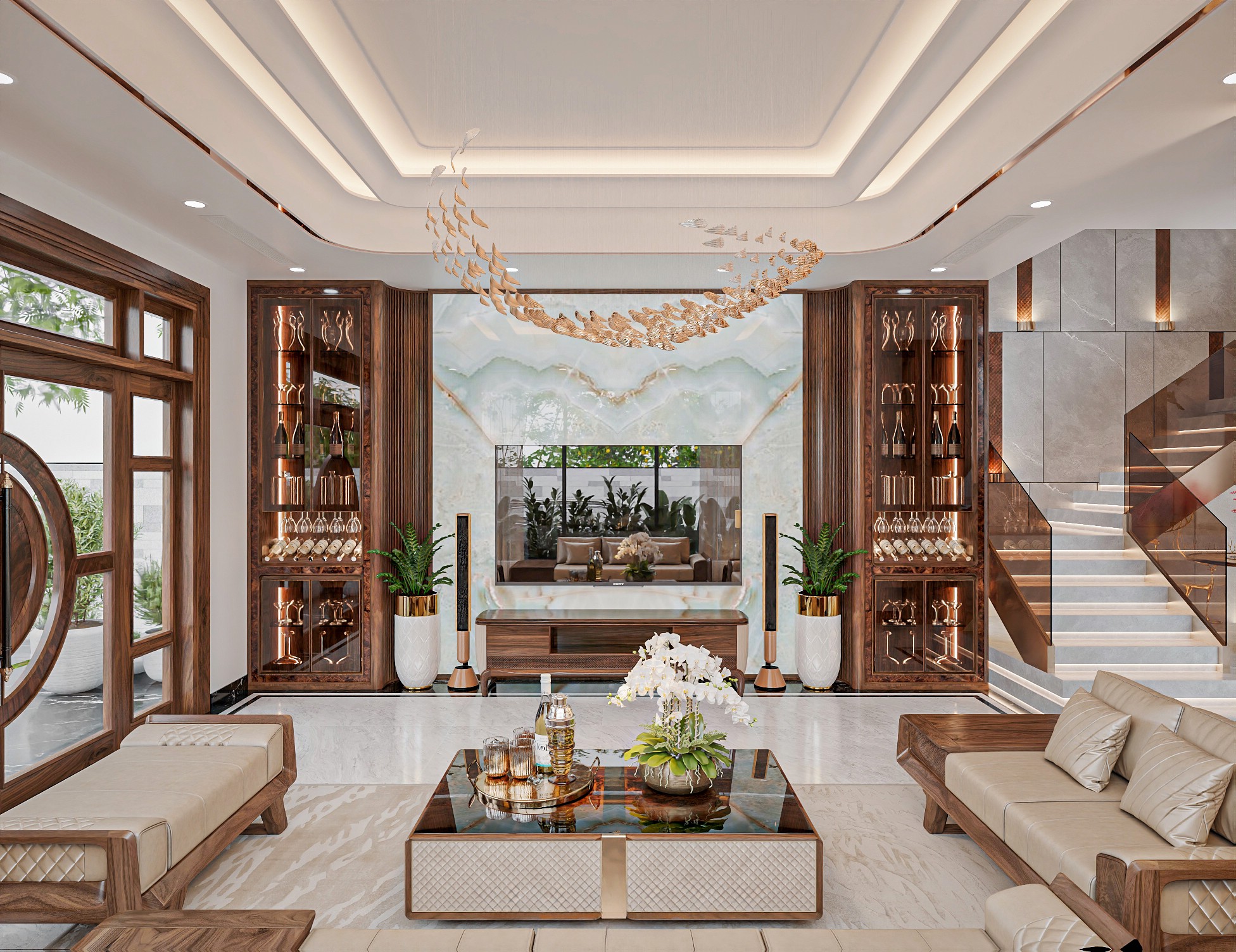 Kệ tivi kèm tủ rượu với thiết kế đối xứng, kệ tivi giữa sát sàn và viền veneer nu nổi bật