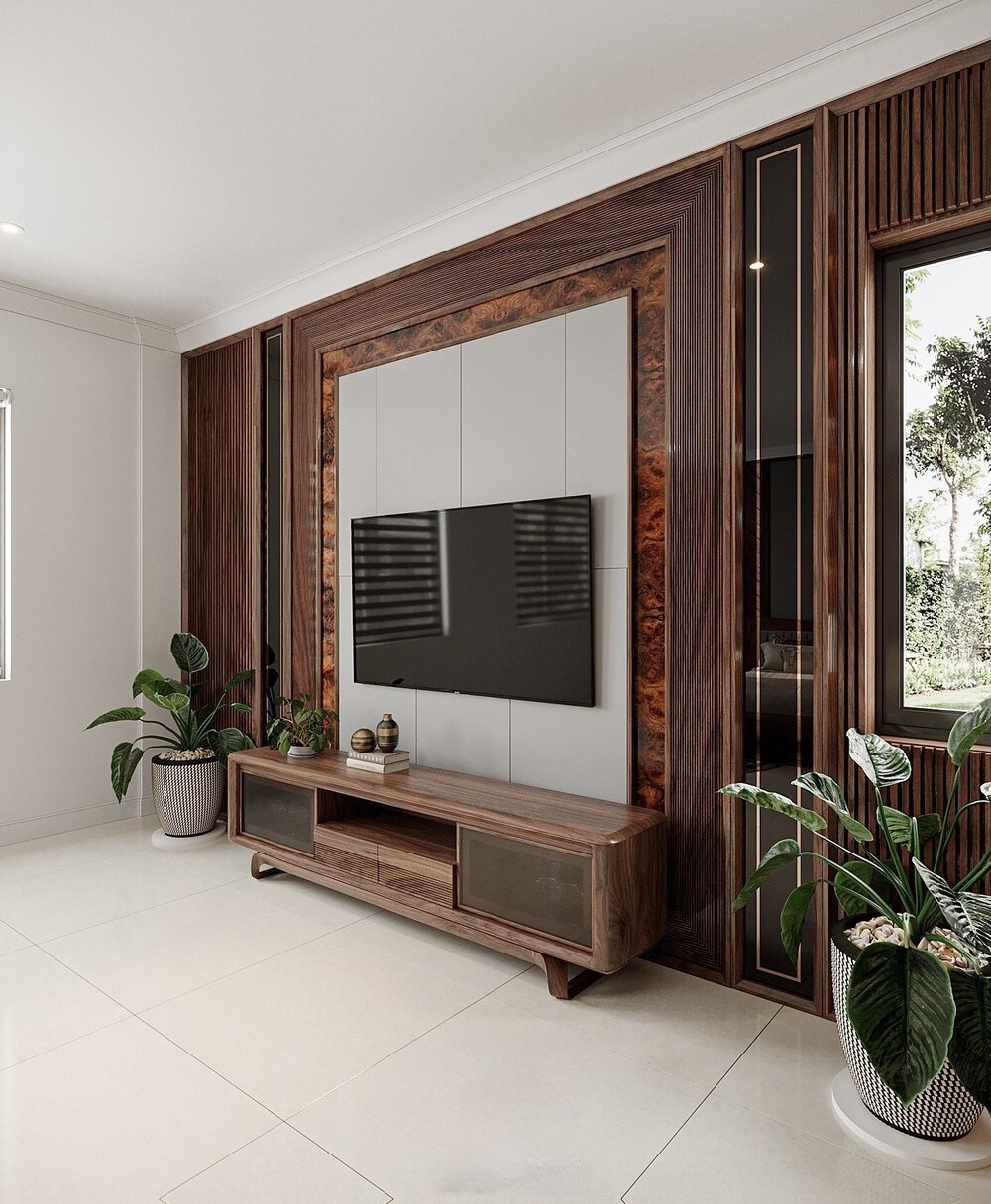 Kệ tivi phòng khách hiện đại bằng gỗ óc chó chân uốn cong chữ U với ngăn kéo CNC