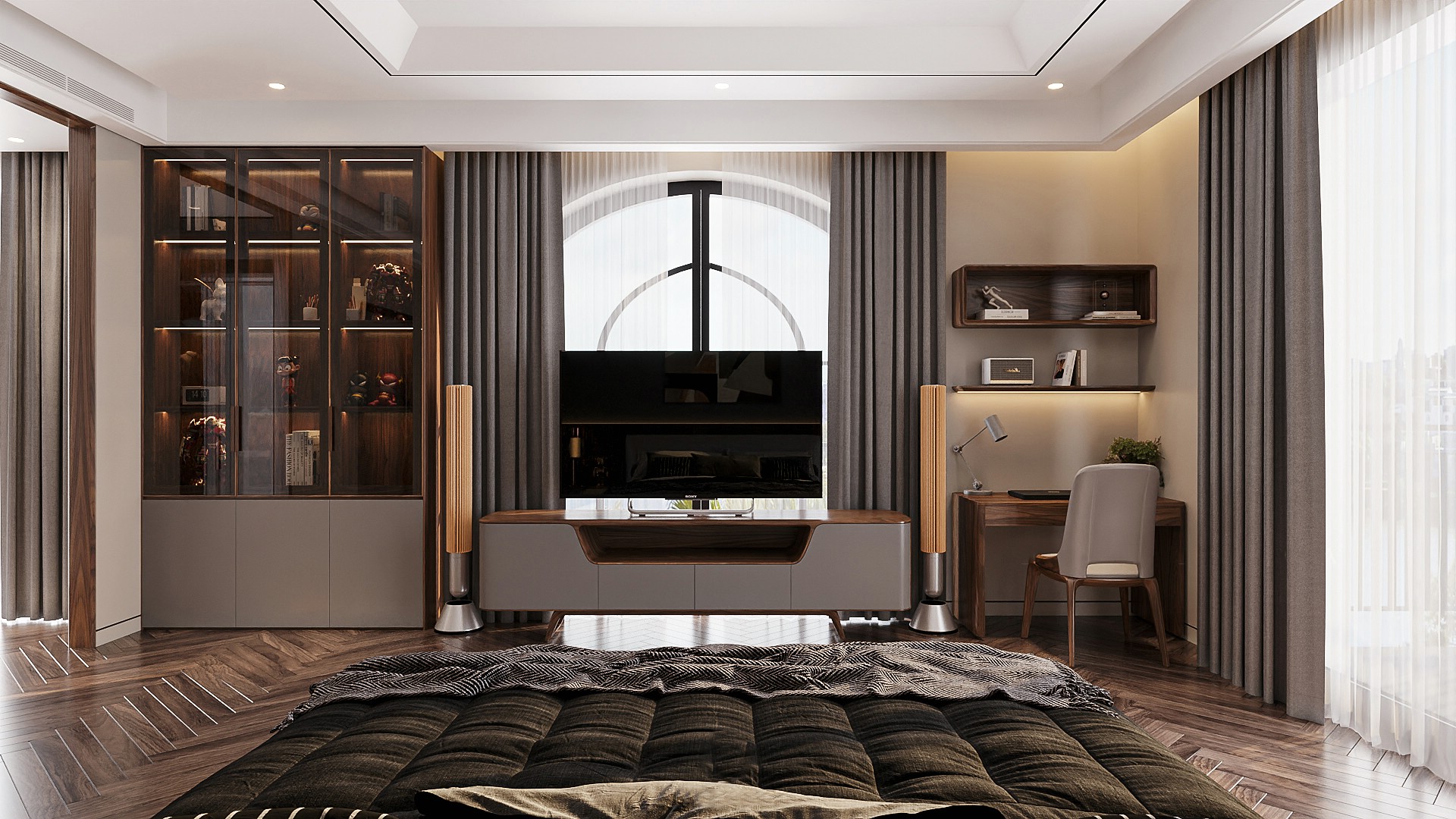 Kệ tivi phòng ngủ đơn giản với chân chữ U thanh tròn và mặt cánh màu xám laminate