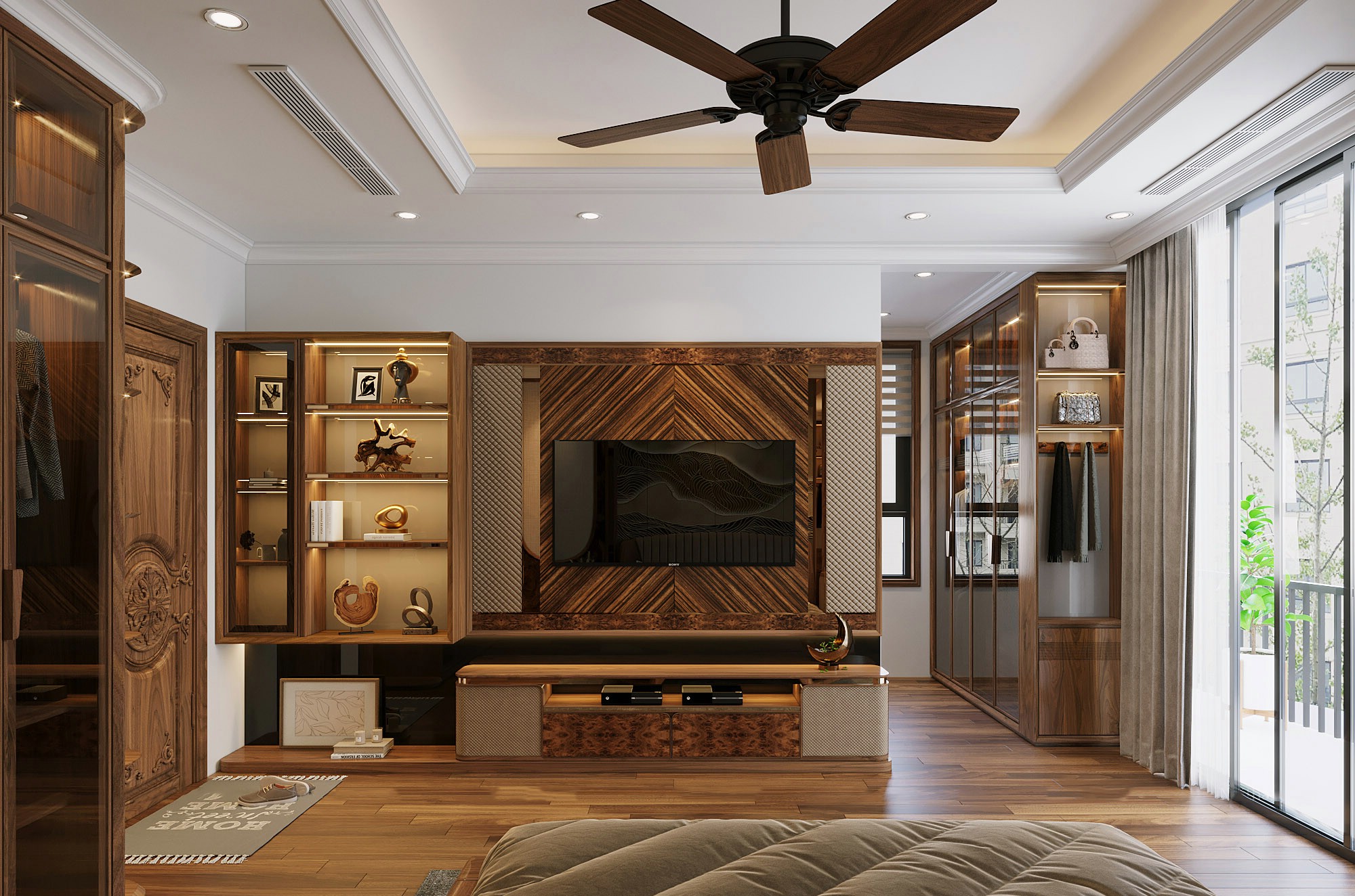 Kệ tivi phòng ngủ gỗ óc chó tự nhiên màu nâu đậm với thiết kế CNC quả trám sang trọng