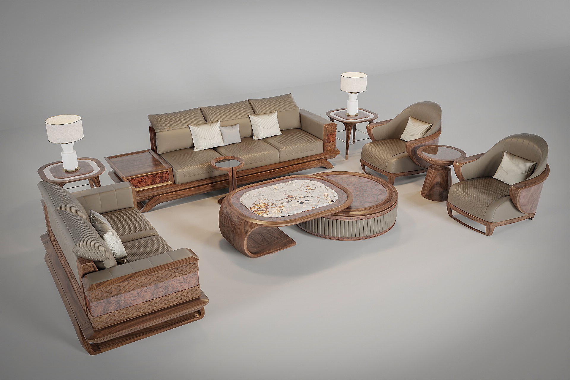 Mẫu bàn ghế gỗ phòng khách hiện đại với bàn trà 2 tầng sang trọng